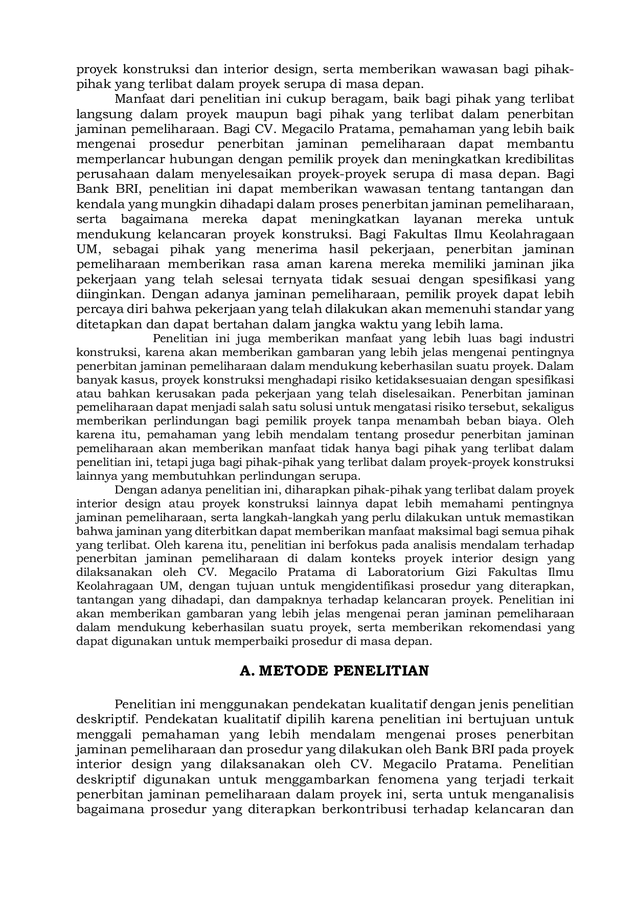 JURIS Penerbitan Jaminan Pemeliharaan Oleh Cv Sari Restu Dari Bank Bri Pada Proyek Interior Design Cv Megacilo Pratama Di Laboratorium Gizi Fakultas Ilmu Keolahragaan Universitas Negeri Malang