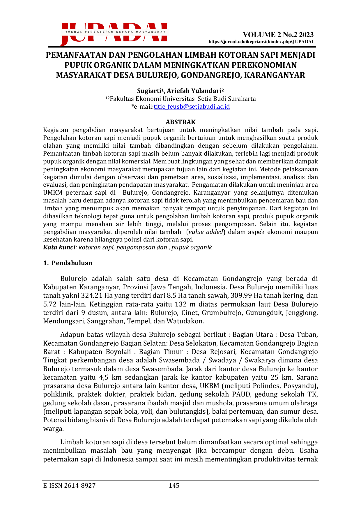 JURIS Pemanfaatan Dan Pengolahan Limbah Kotoran Sapi Menjadi Pupuk Organik Dalam Meningkatkan Perekonomian Masyarakat Desa Bulurejo Gondangrejo Karanganyar