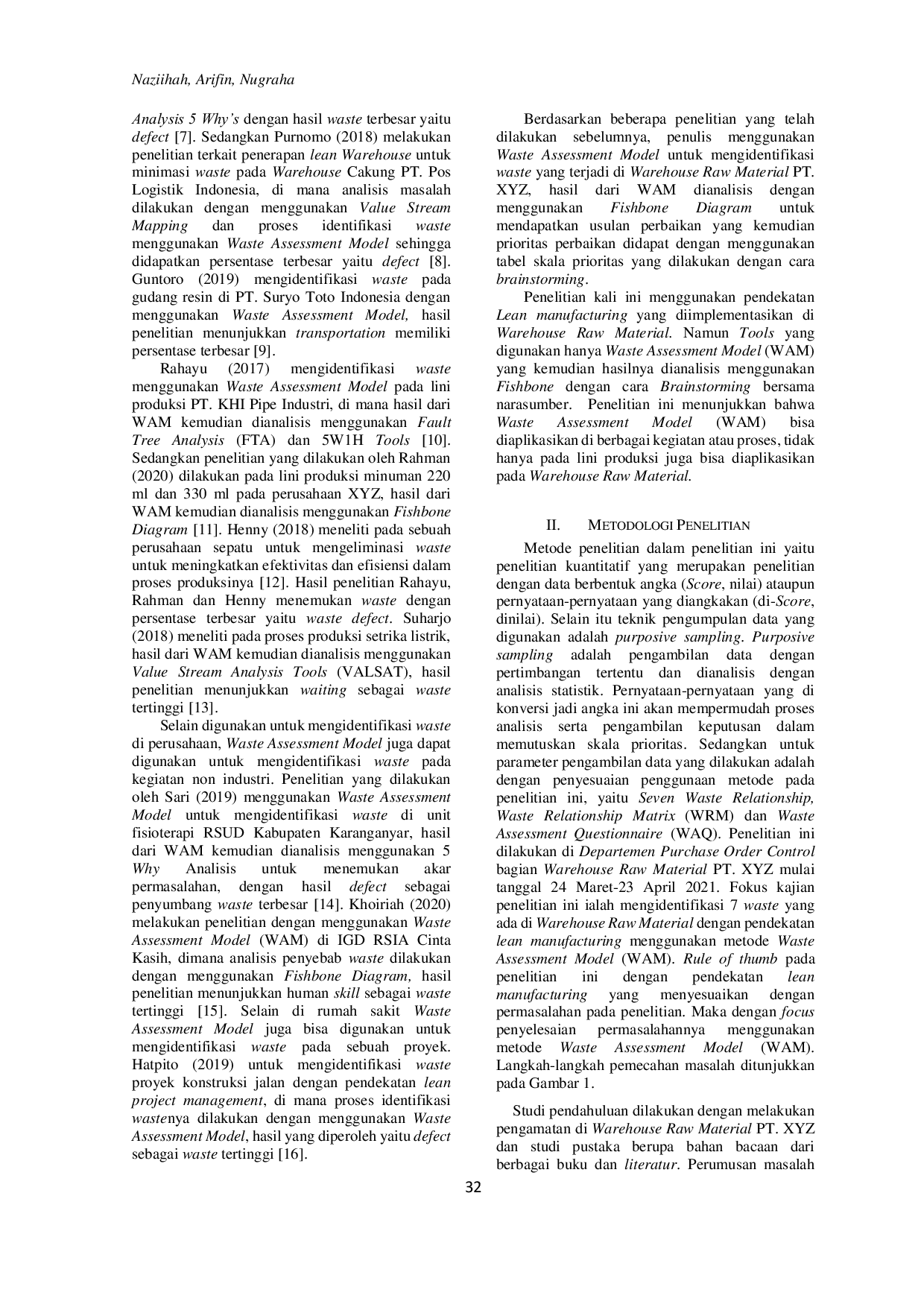 JURIS Identifikasi Waste Menggunakan Waste Assessment Model WAM di Warehouse Raw Material PT XYZ