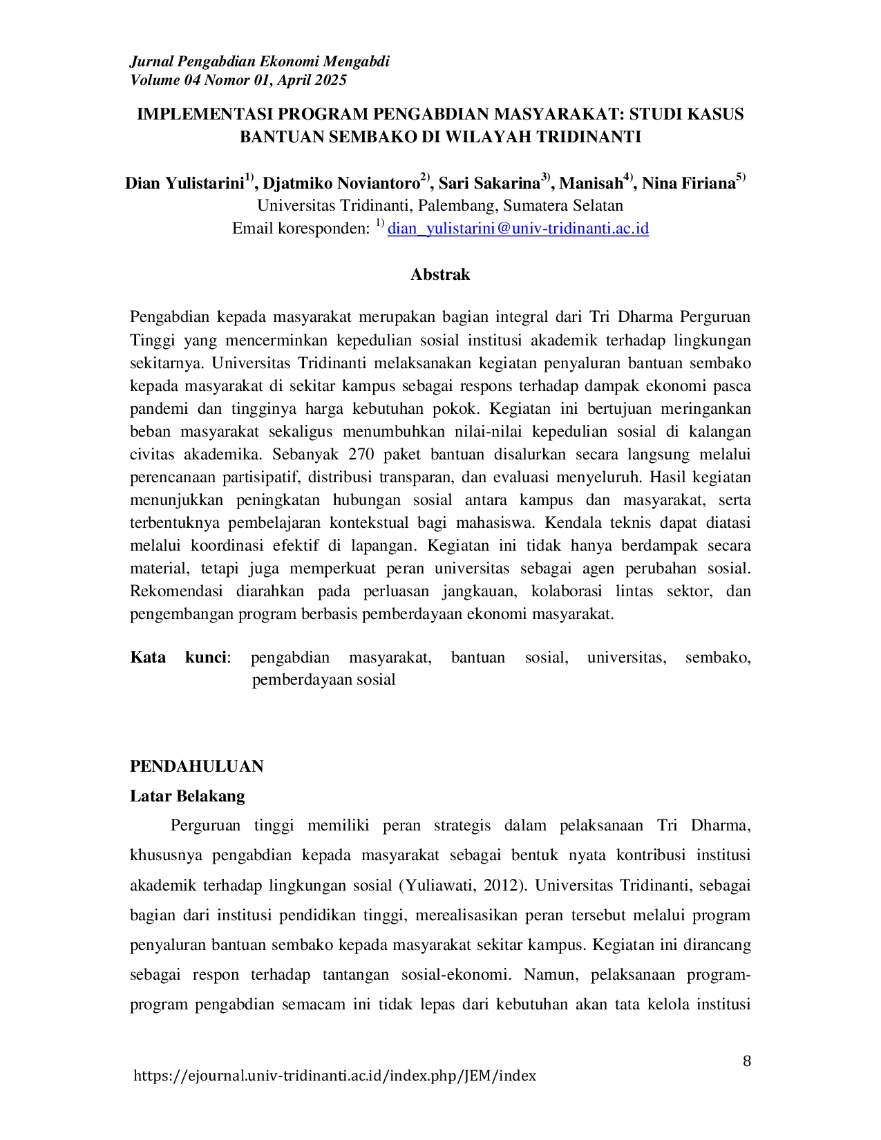 JURIS Implementasi Program Pengabdian Masyarakat Studi Kasus Bantuan Sembako di Wilayah Tridinanti
