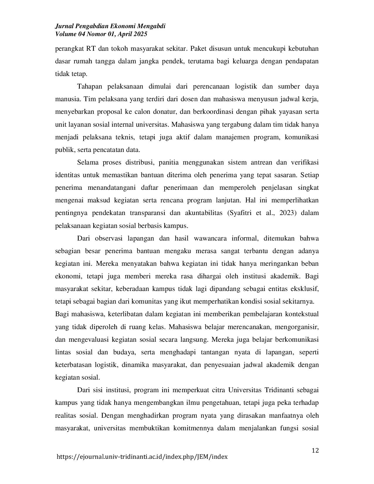 JURIS Implementasi Program Pengabdian Masyarakat Studi Kasus Bantuan Sembako di Wilayah Tridinanti