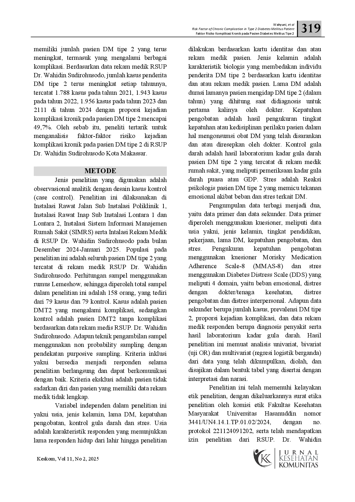 juris Faktor Risiko Komplikasi Kronik Pada Pasien Dm Tipe 2 Di Rsup Dr Wahidin Sudirohusodo Kota Makassar