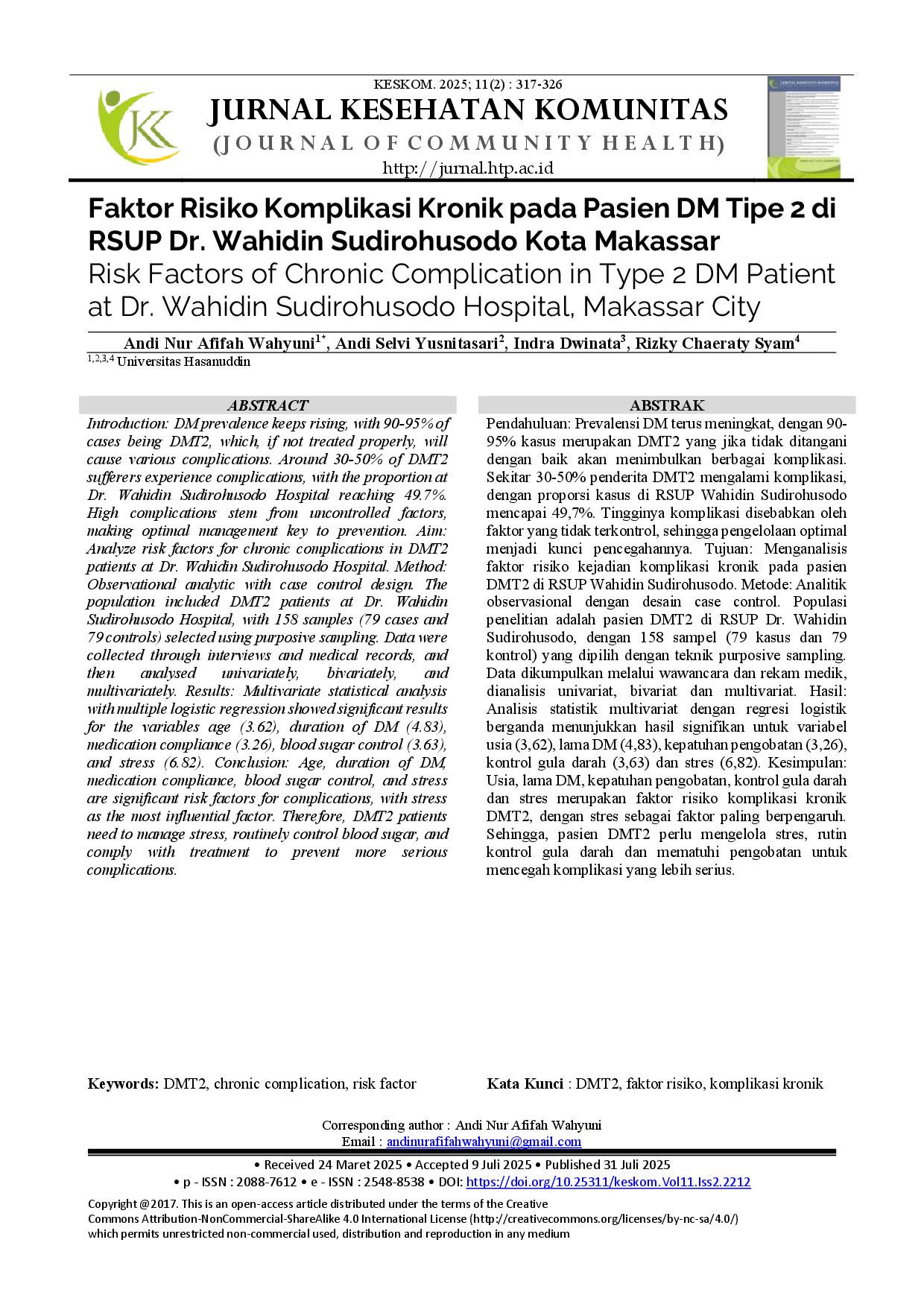 juris Faktor Risiko Komplikasi Kronik Pada Pasien Dm Tipe 2 Di Rsup Dr Wahidin Sudirohusodo Kota Makassar