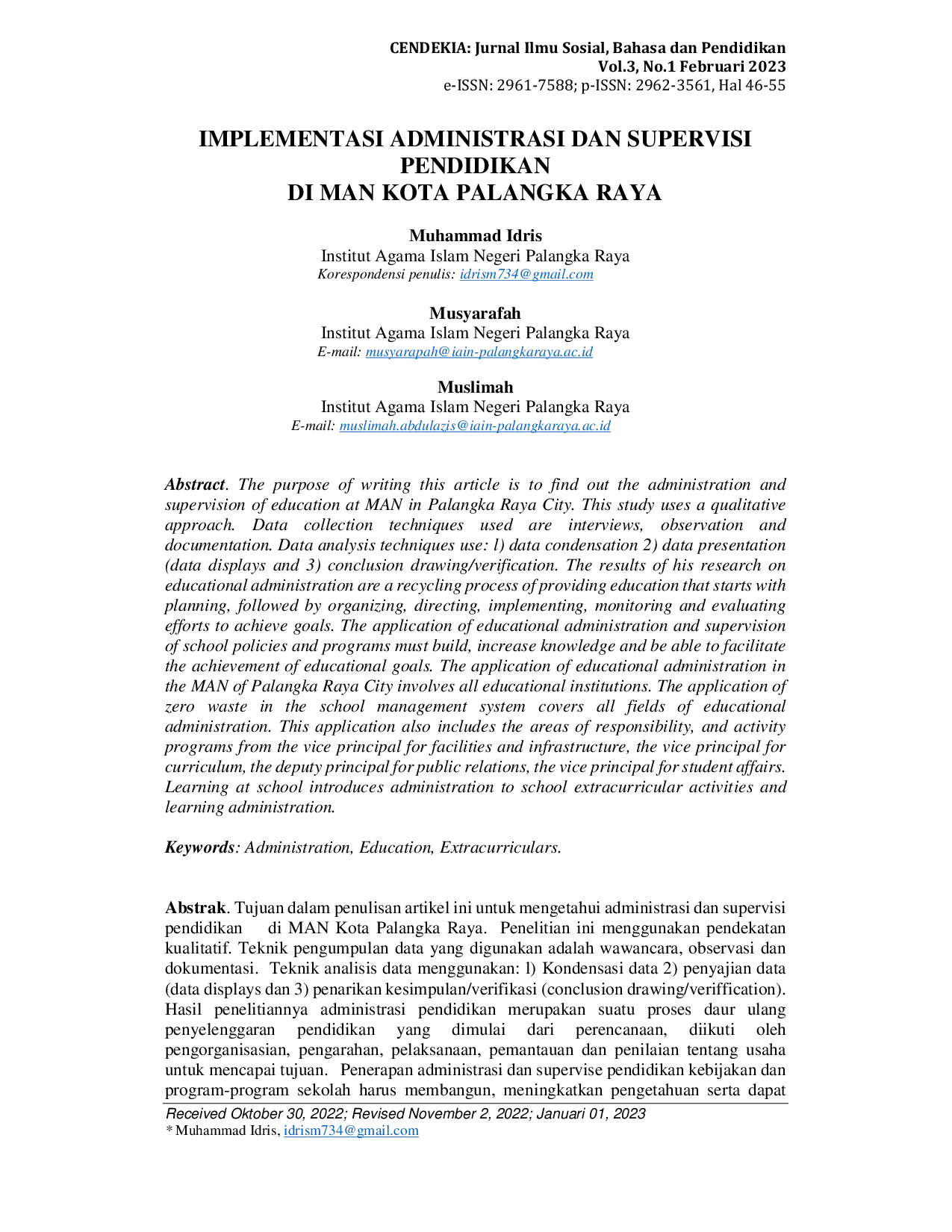 JURIS Implementasi Administrasi Dan Supervisi Pendidikan Di Man Kota Palangka Raya