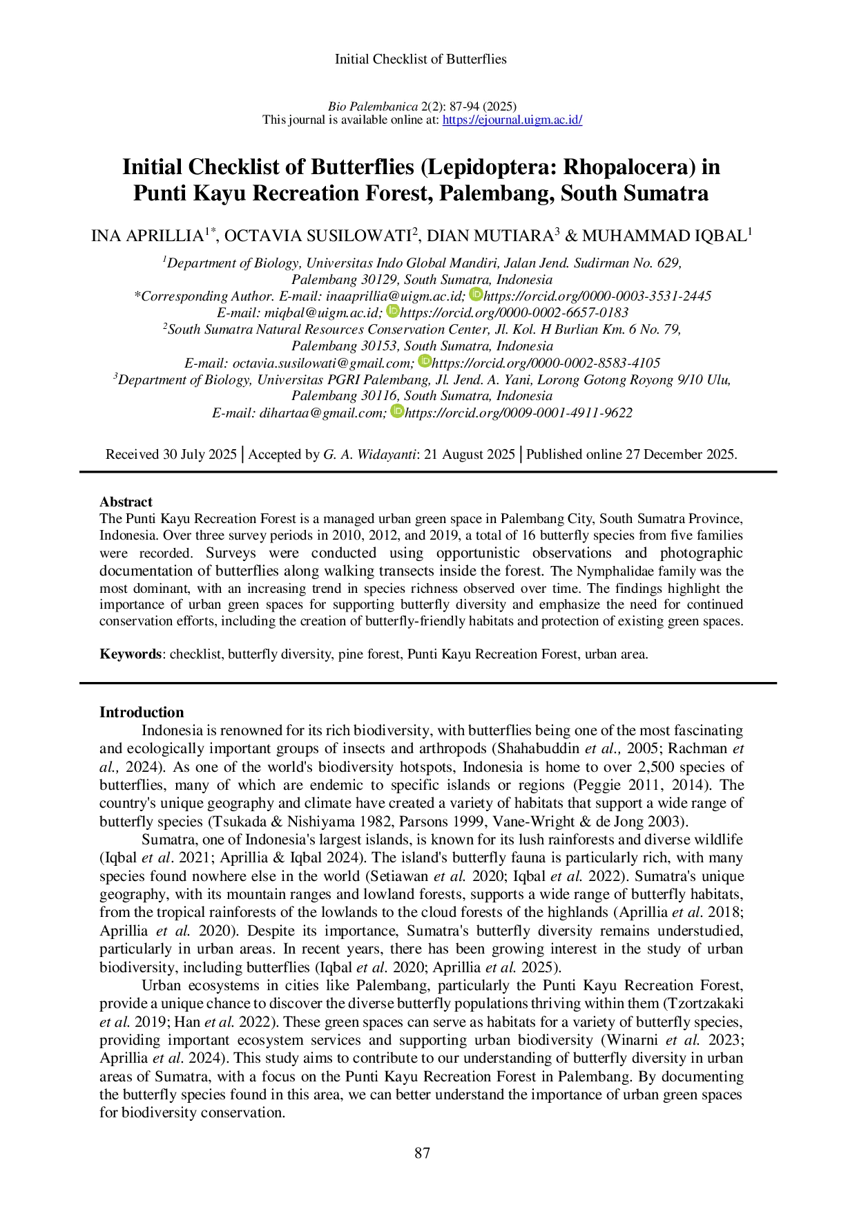 JURIS Initial Checklist of Butterflies Lepidoptera Rhopalocera in Punti Kayu Recreation Forest Palembang South Sumatra