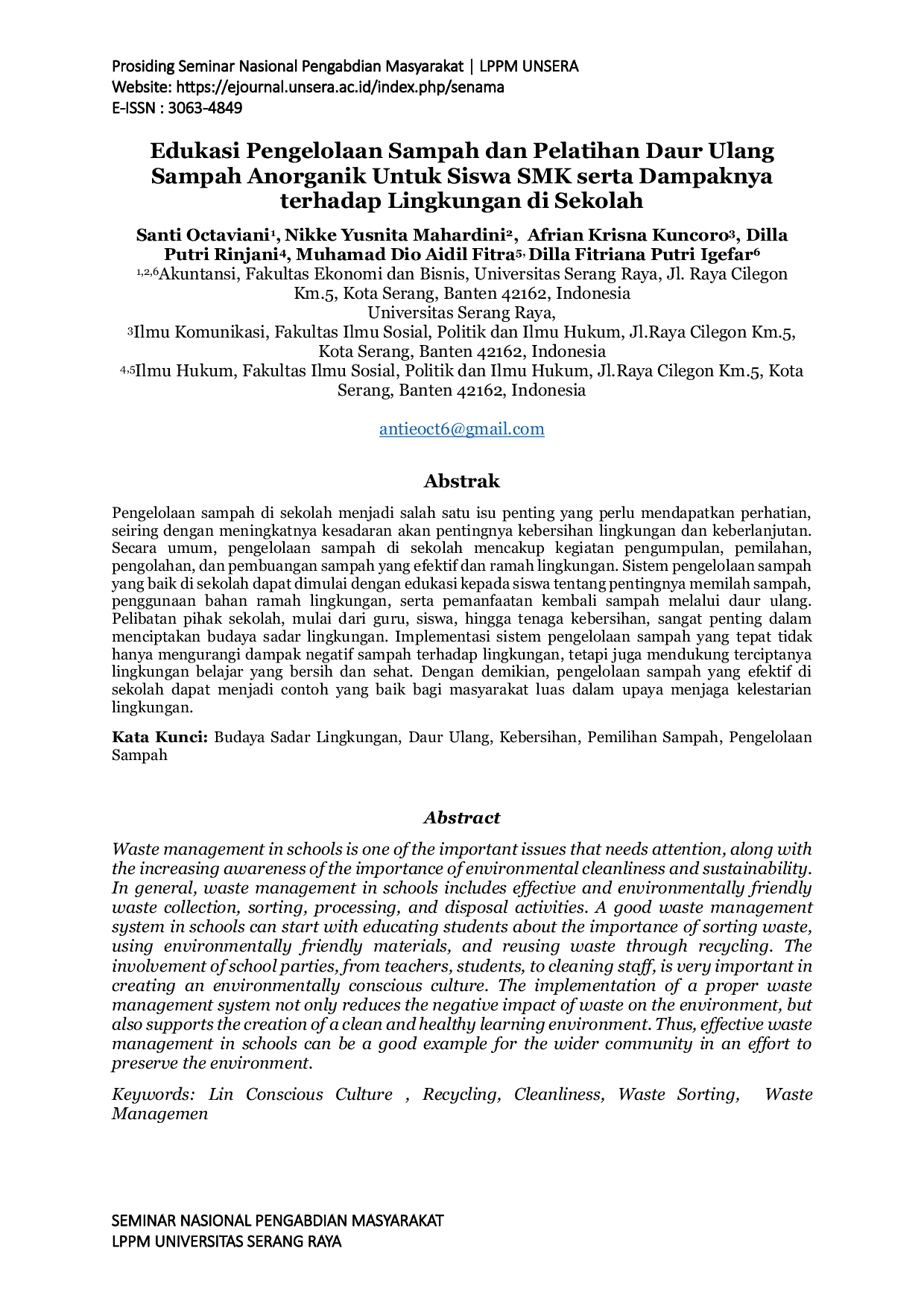 JURIS Edukasi Pengelolaan Sampah dan Pelatihan Daur Ulang Sampah Anorganik Untuk Siswa SMK serta Dampaknya terhadap Lingkungan di Sekolah