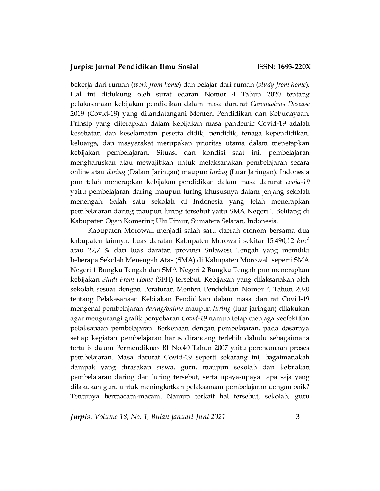 JURIS Implementasi Pembelajaran Daring Dan Luring Pada Mata Pelajaran Geografi SMA Di Kabupaten Morowali