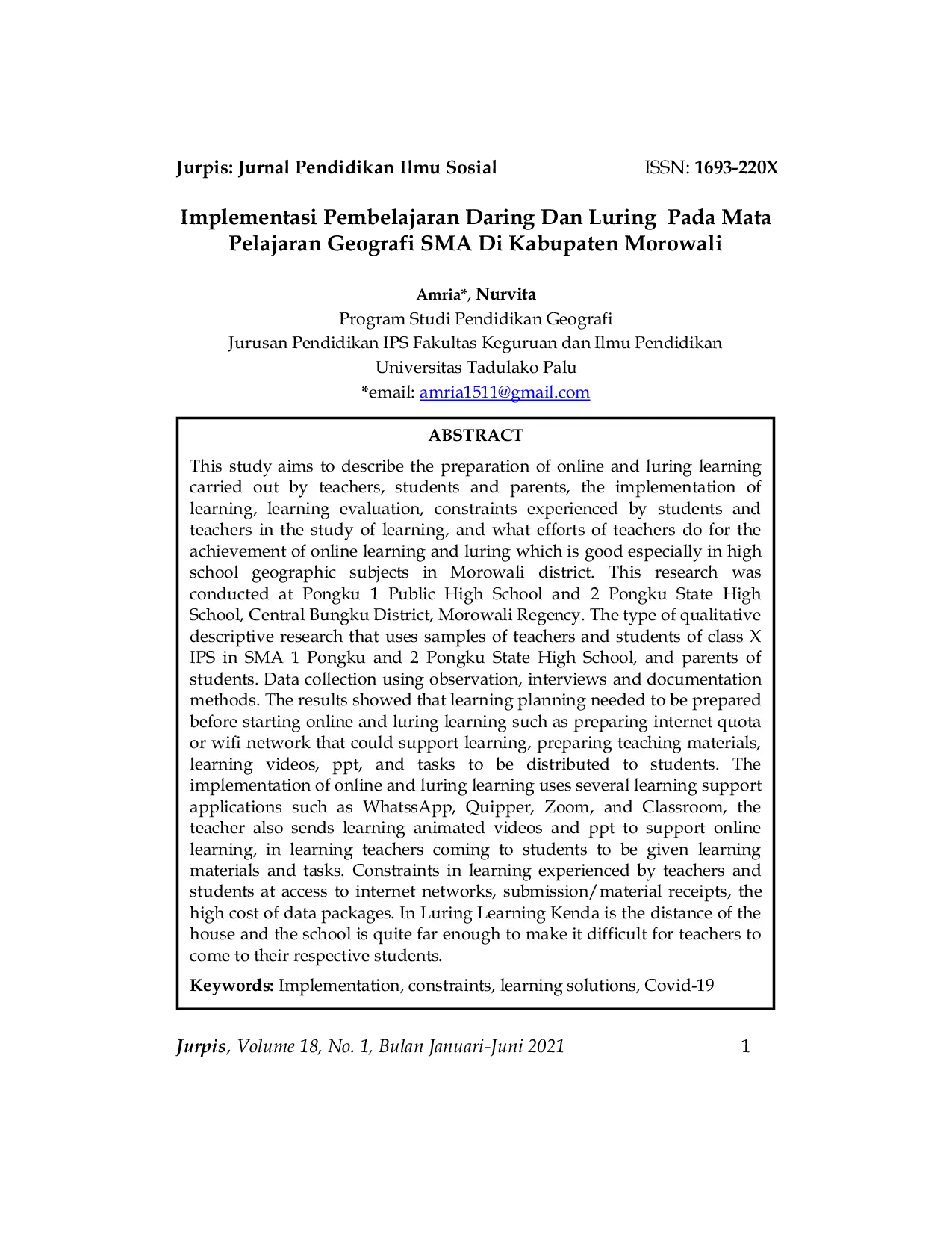 JURIS Implementasi Pembelajaran Daring Dan Luring Pada Mata Pelajaran Geografi SMA Di Kabupaten Morowali
