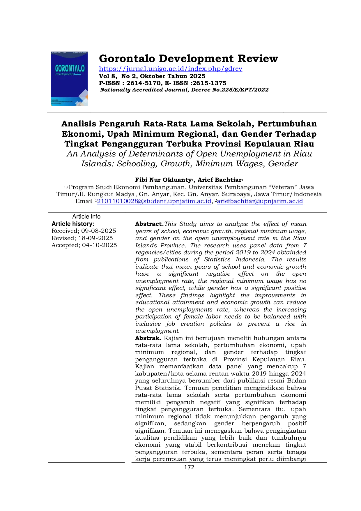 JURIS An Analysis of Determinants of Open Unemployment in Riau Islands Schooling Growth Minimum Wages Gender