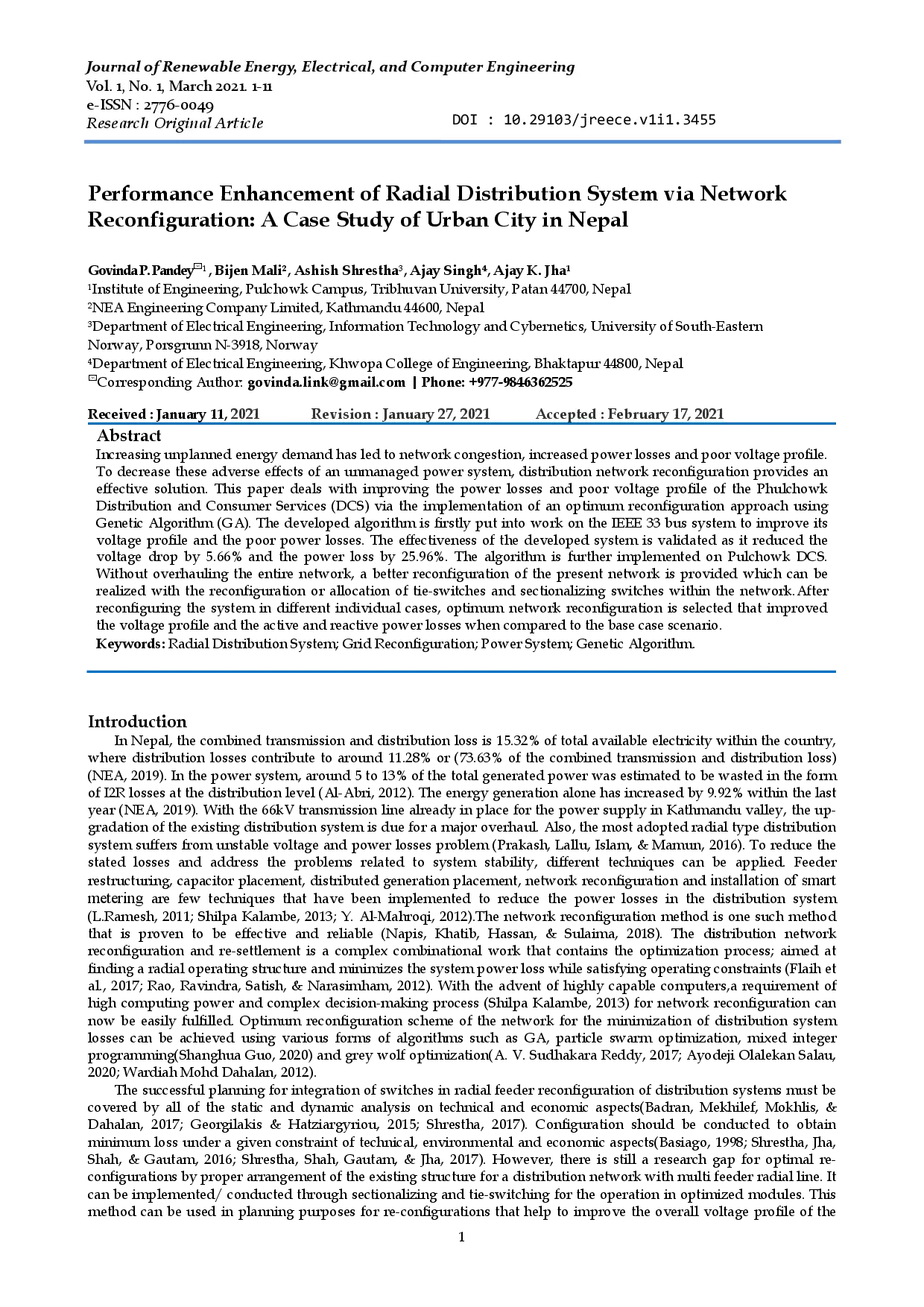 juris Performance Enhancement of Radial Distribution System via Network Reconfiguration A Case Study of Urban City in Nepal