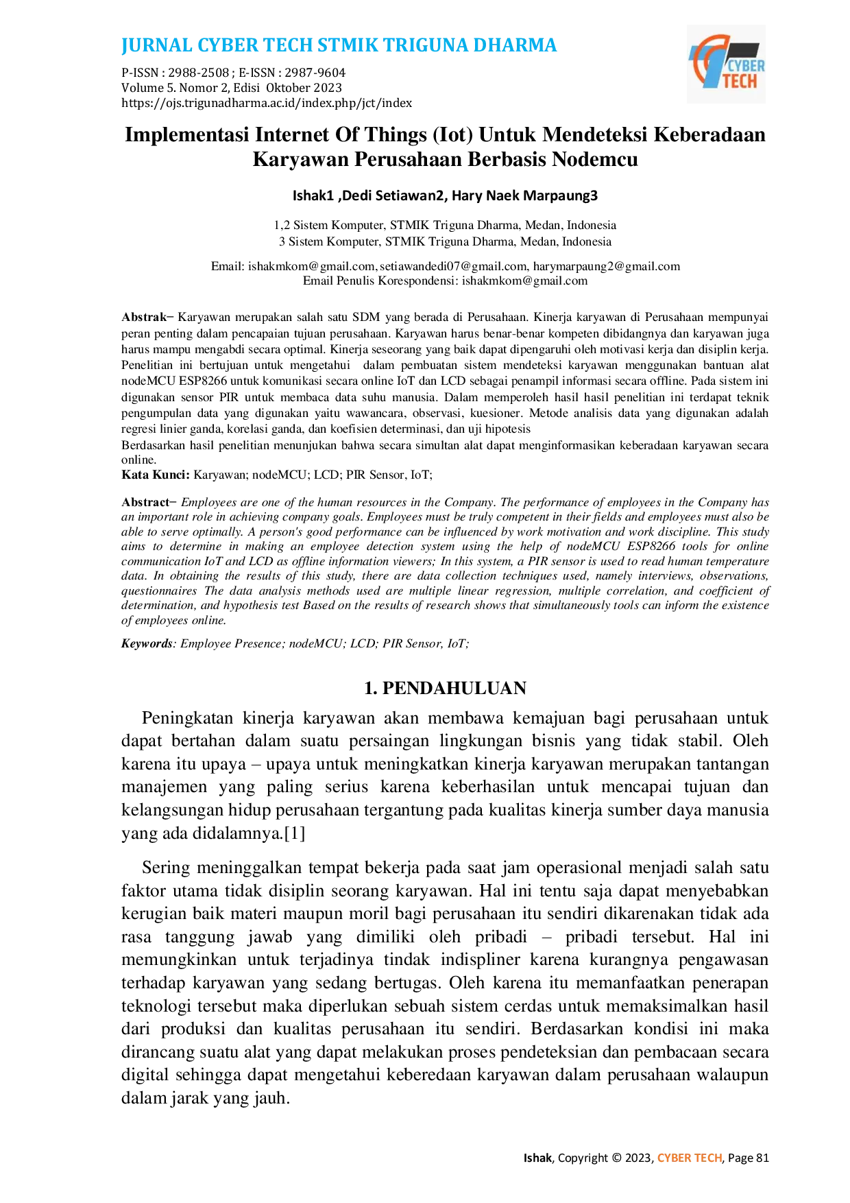 JURIS Implementasi Internet Of Things Iot Untuk Mendeteksi Keberadaan Karyawan Perusahaan Berbasis Nodemcu