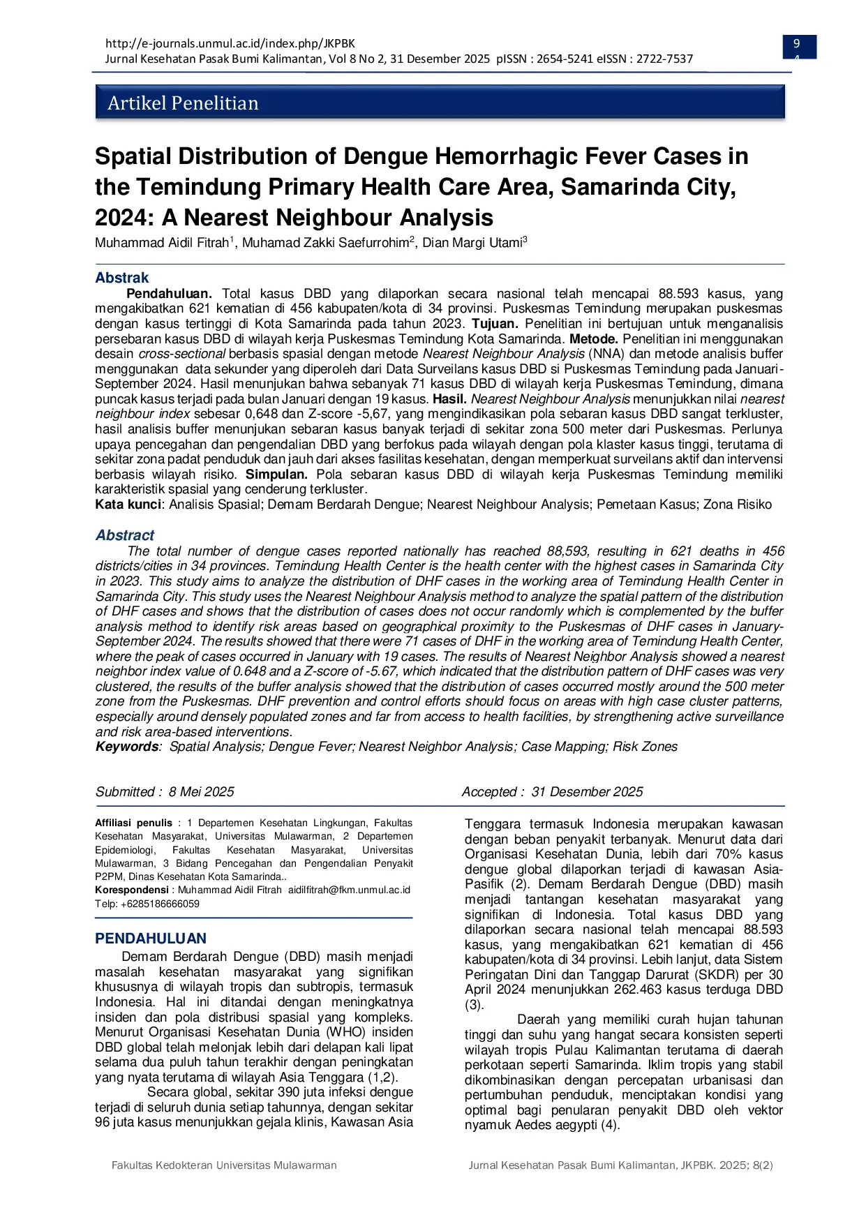 JURIS Spatial Distribution of Dengue Hemorrhagic Fever Cases in the Temindung Primary Health Care Area Samarinda City 2024 A Nearest Neighbour Analysis
