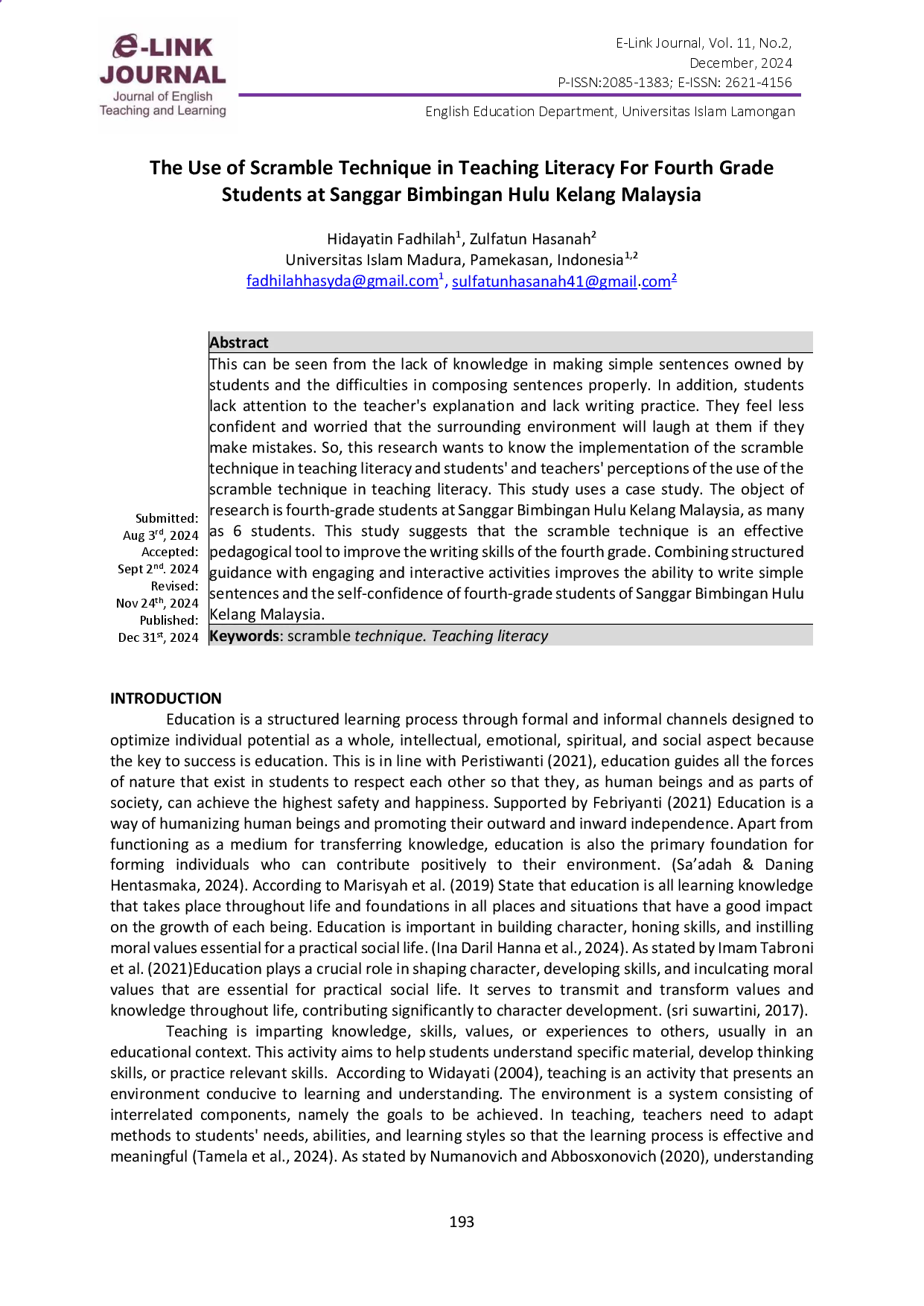 juris The The Use of Scramble Technique in Teaching Literacy For Fourth Grade Student At Sanggar Bimbingan Hulu Kelang Malaysia
