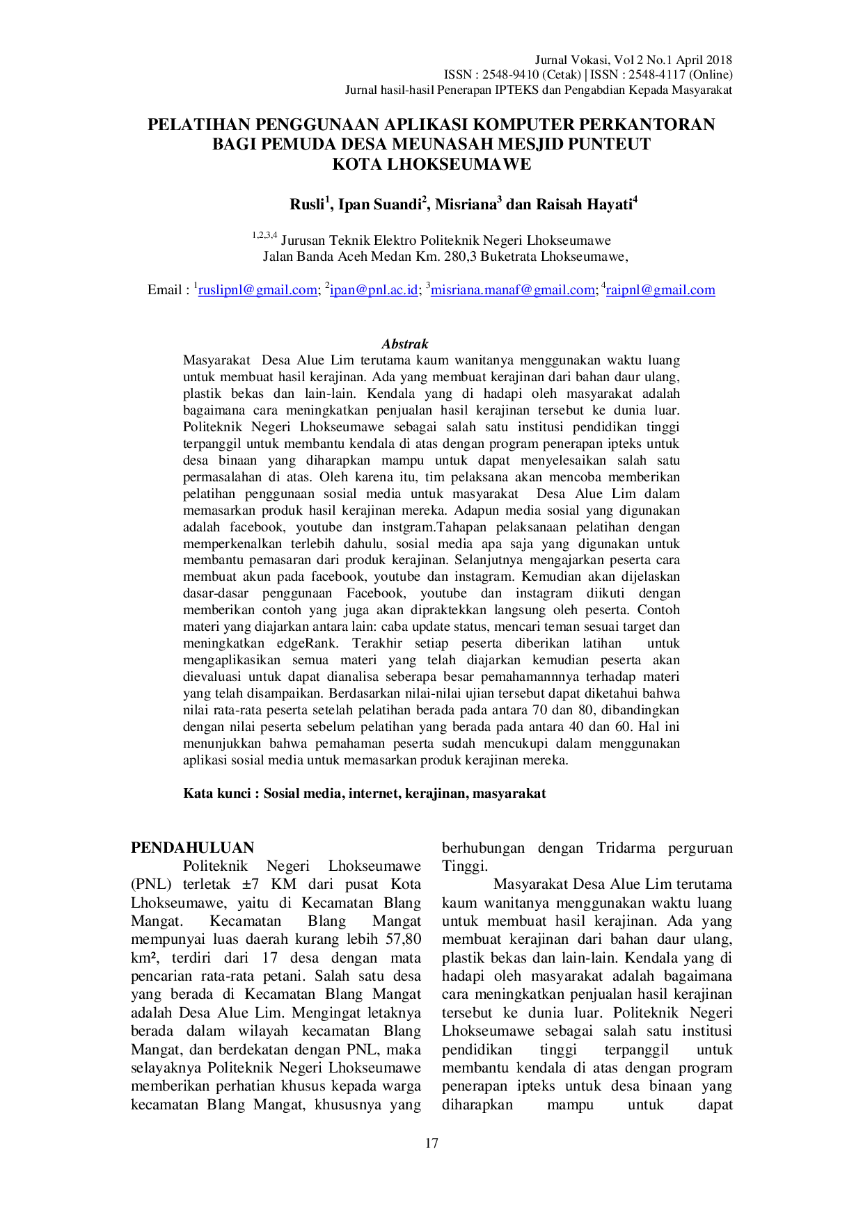 JURIS Pelatihan Penggunaan Aplikasi Komputer Perkantoran Bagi Pemuda Desa Meunasah Mesjid Punteut Kota Lhokseumawe