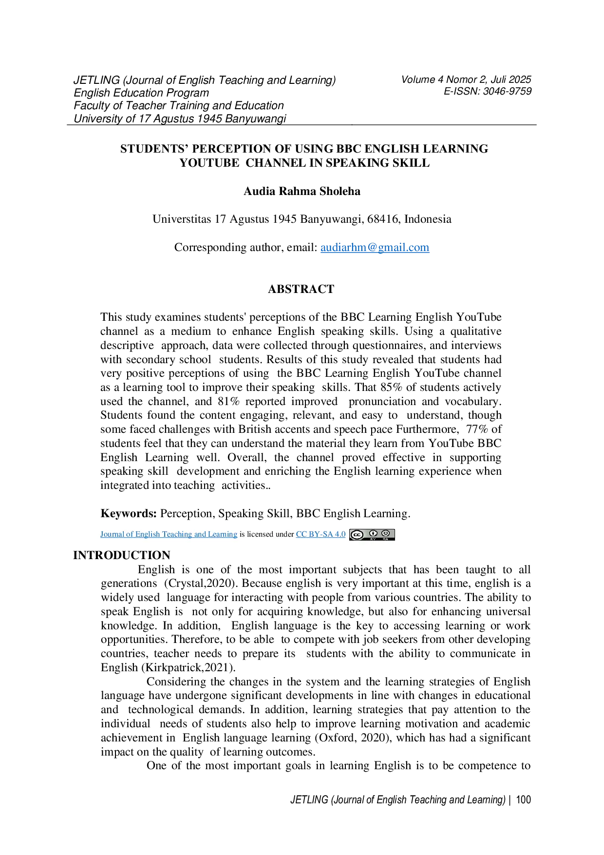 JURIS Students Perception of Using BBC English Learning YouTube Channel in Speaking Skill
