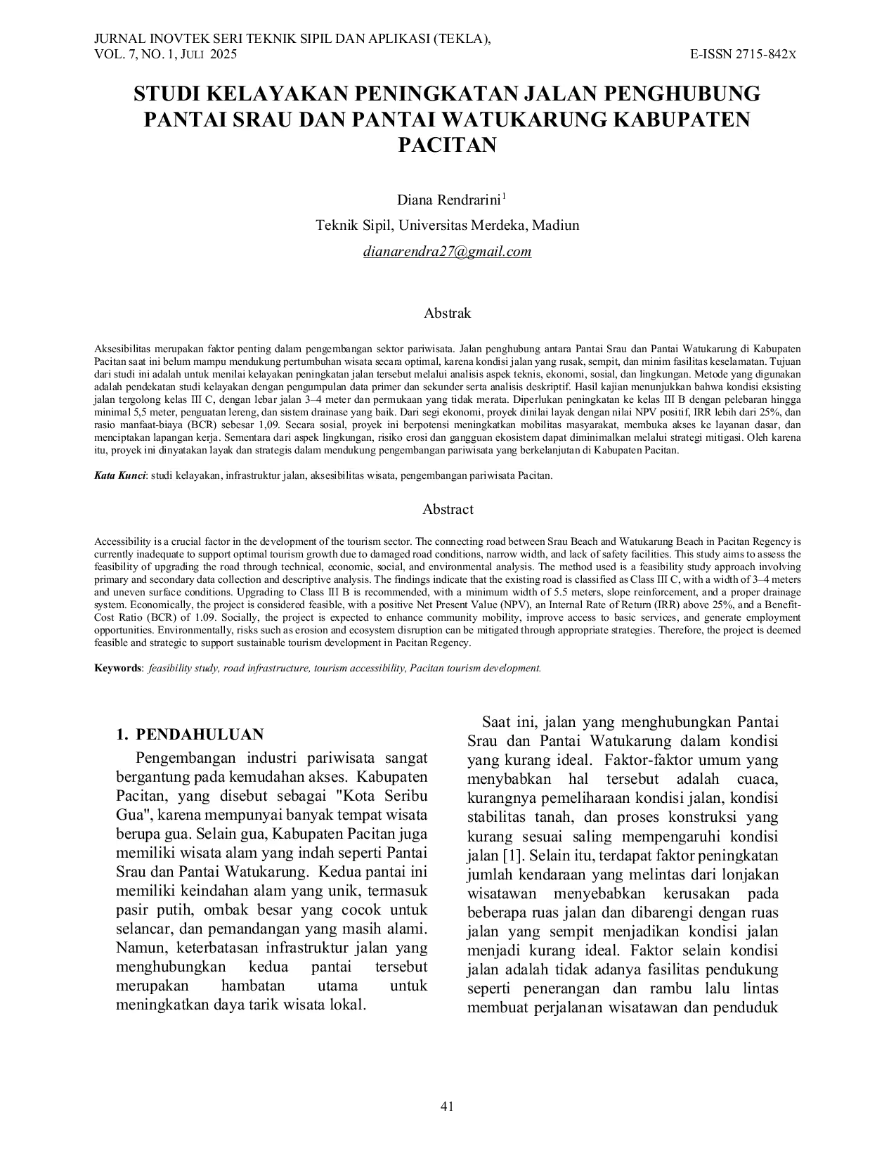 JURIS Studi Kelayakan Peningkatan Jalan Penghubung Pantai Srau Dan Pantai Watukarung Kabupaten Pacitan