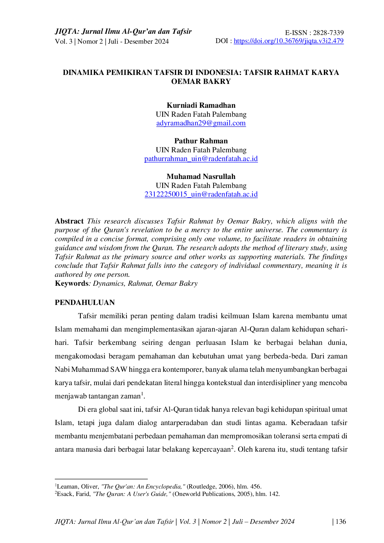 JURIS Dinamika Pemikiran Tafsir Di Indonesia Tafsir Rahmat Karya Oemar Bakry