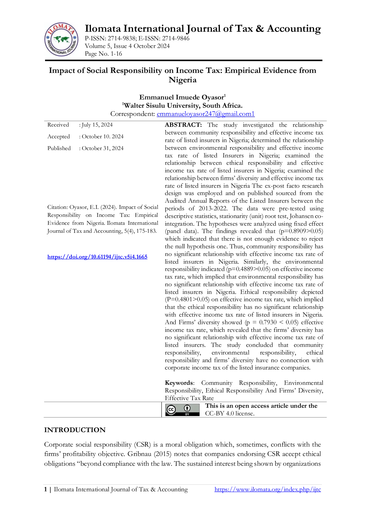 JURIS Impact of Social Responsibility on Income Tax Empirical Evidence from Nigeria