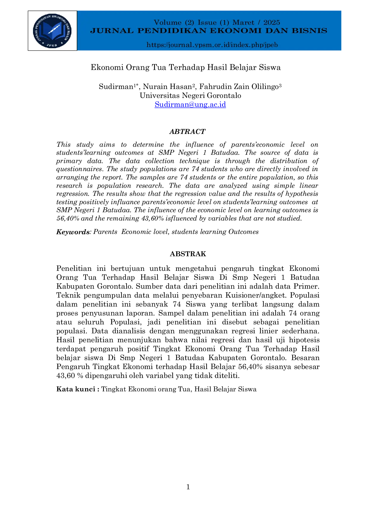 JURIS Ekonomi Orang Tua Terhadap Hasil Belajar Siswa