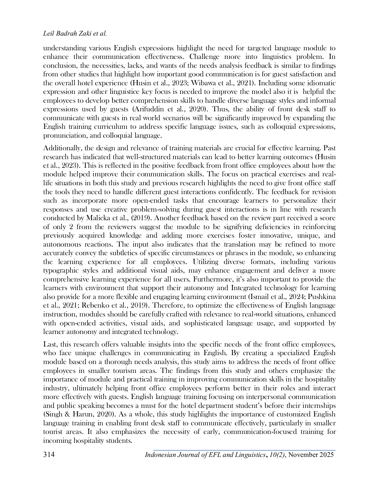 JURIS A Needs Based Analysis and Development of an English Language Skills Module for Front Office Employees at a Local Hotel in Batam