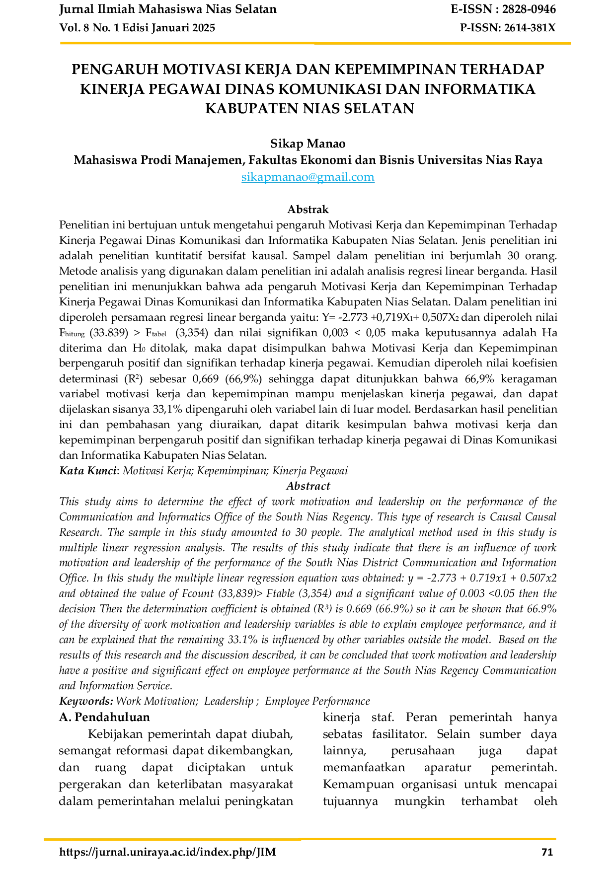JURIS Pengaruh Motivasi Kerja Dan Kepemimpinan Terhadap Kinerja Pegawai Dinas Komunikasi Dan Informatika Kabupaten Nias Selatan