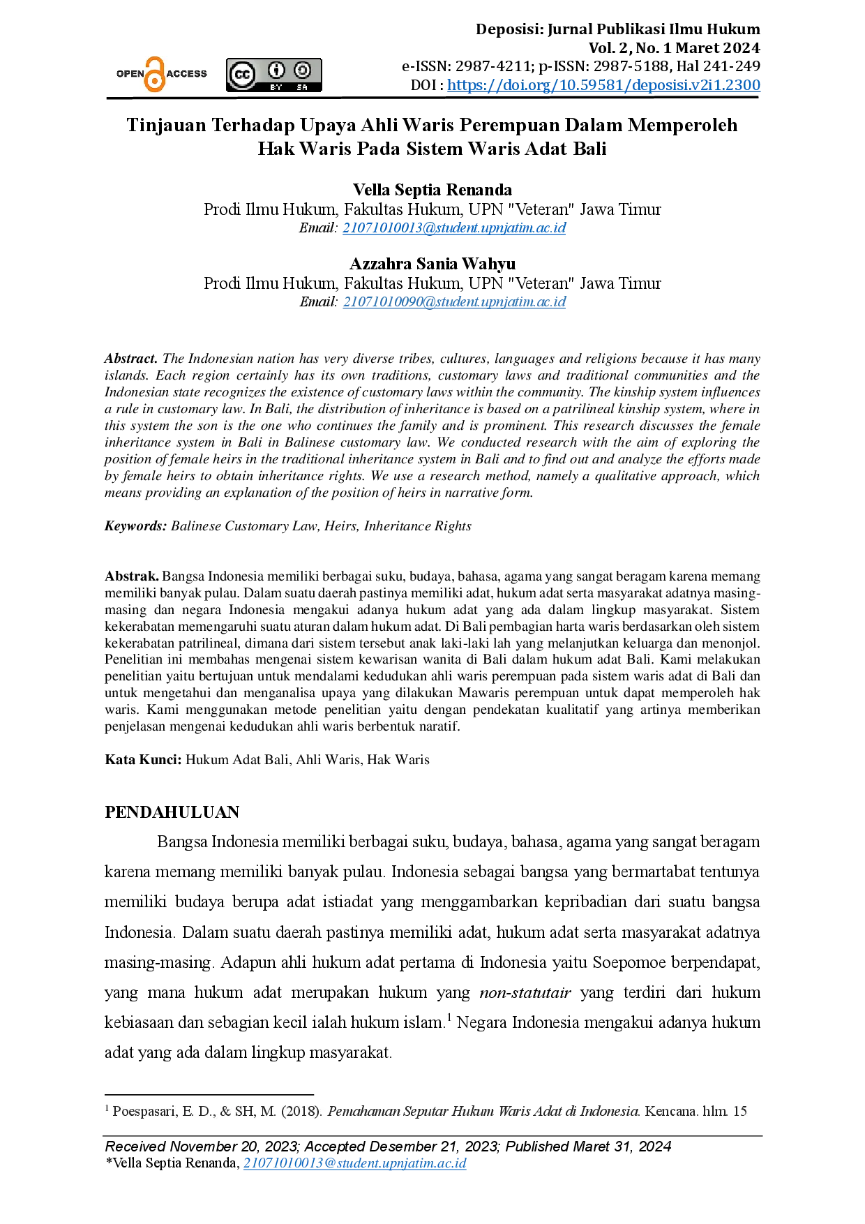 juris Tinjauan Terhadap Upaya Ahli Waris Perempuan Dalam Memperoleh Hak Waris Pada Sistem Waris Adat Bali