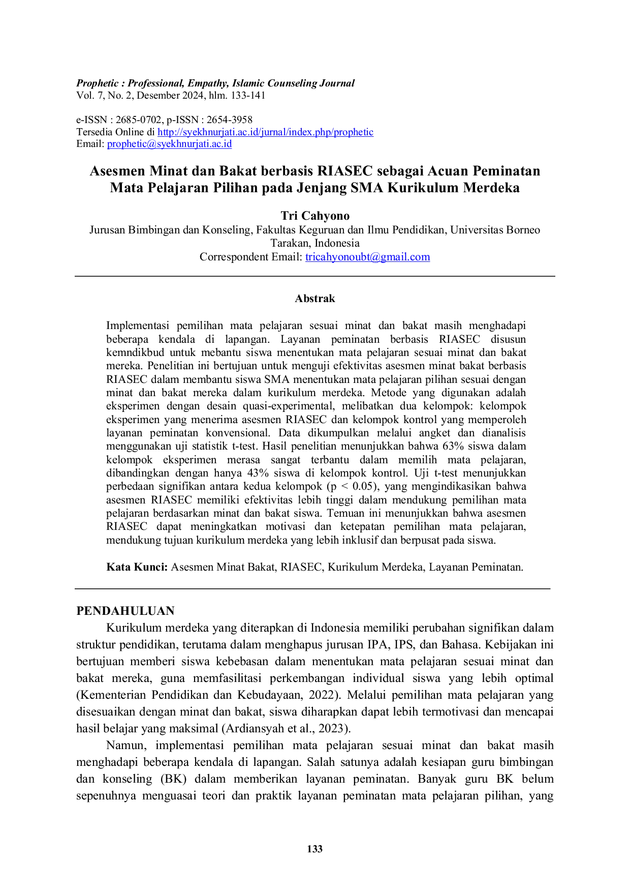 JURIS Asesmen Minat dan Bakat berbasis RIASEC sebagai Acuan Peminatan Mata Pelajaran Pilihan pada Jenjang SMA Kurikulum Merdeka