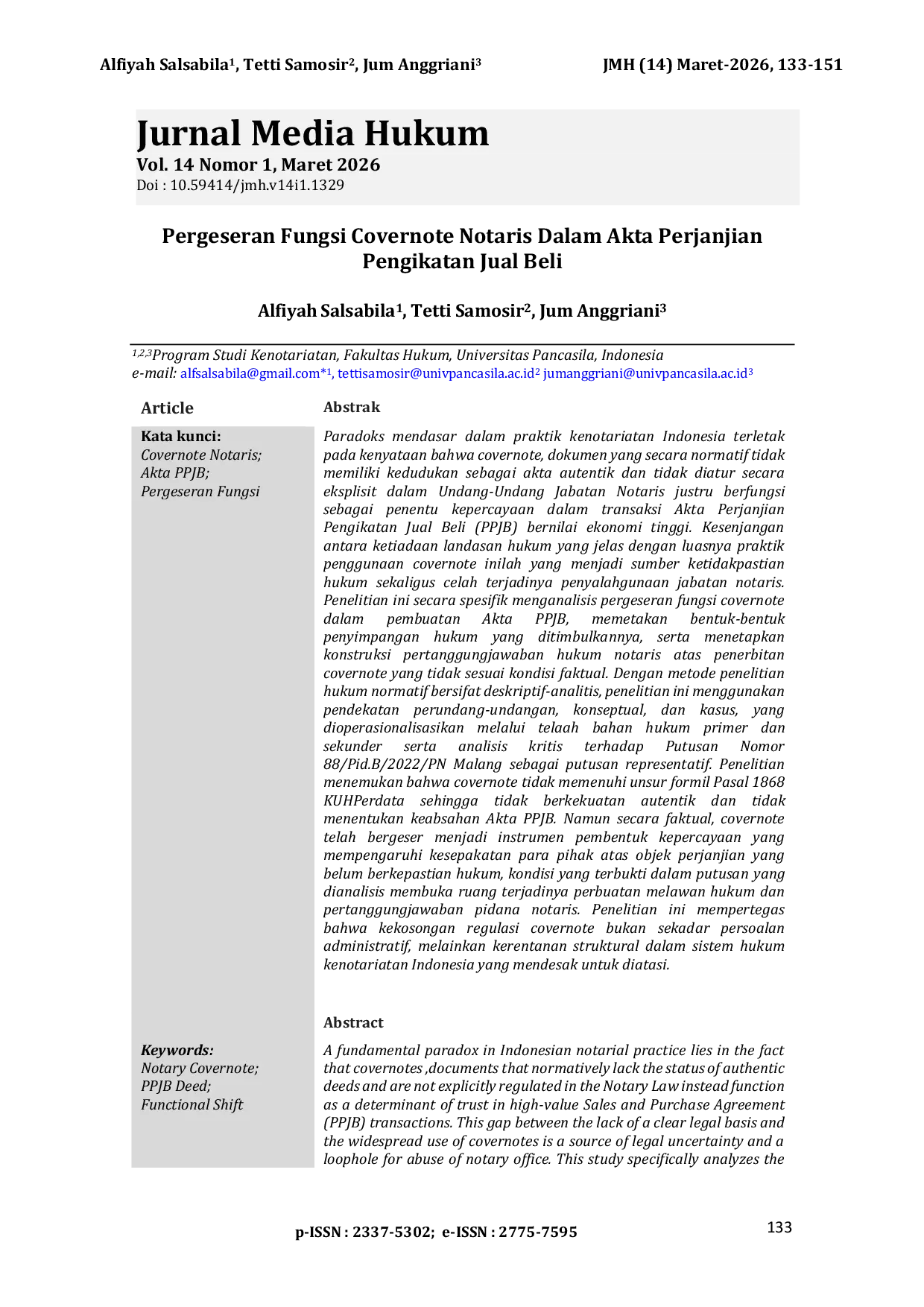 JURIS A Pergeseran Fungsi Covernote Notaris Dalam Akta Perjanjian Pengikatan Jual Beli The Shift in the Function of Notarial Covernotes in Deeds of Sale and Purchase Agreements