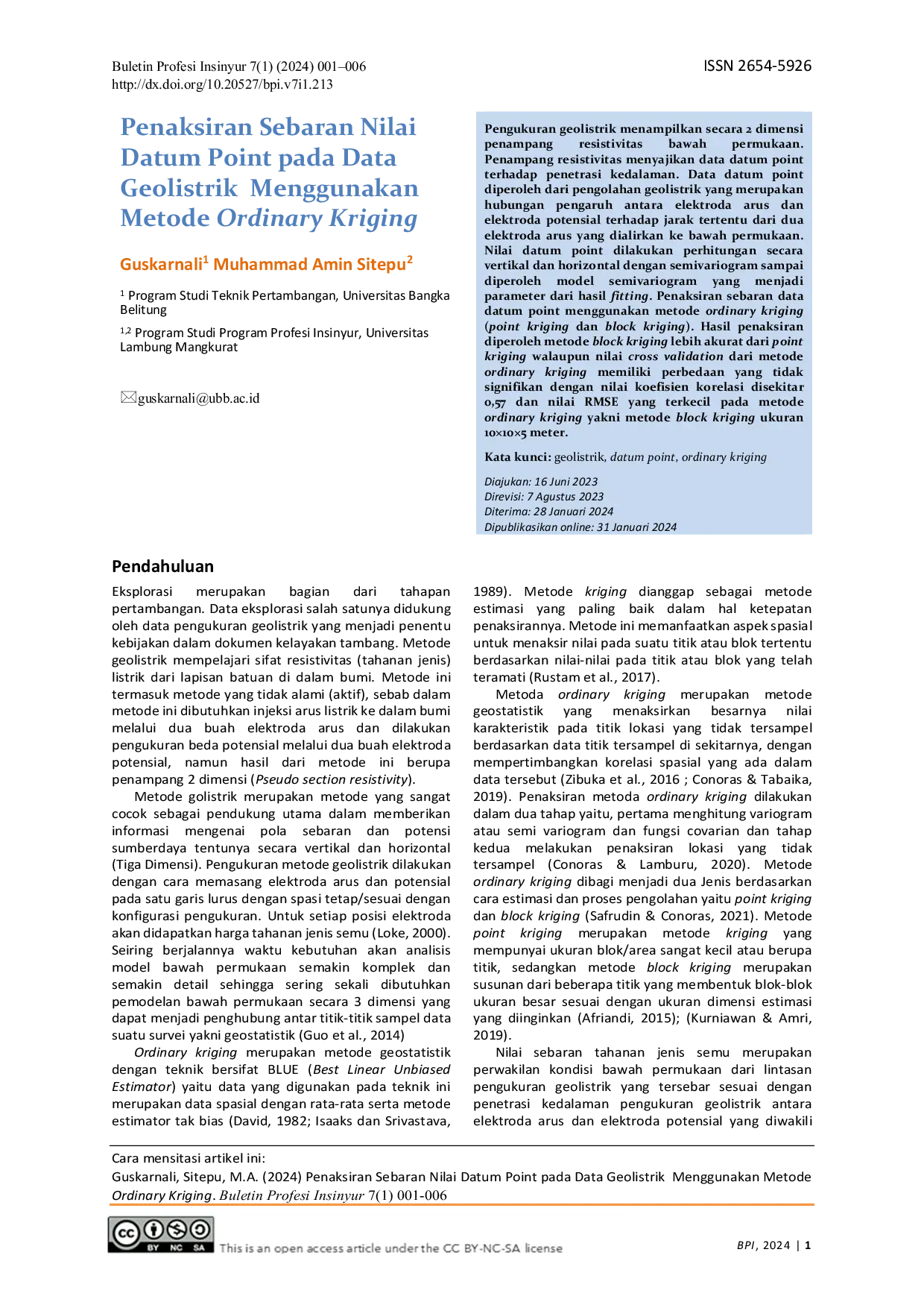 JURIS Penaksiran Sebaran Nilai Datum Point pada Data Geolistrik Menggunakan Metode Ordinary Kriging