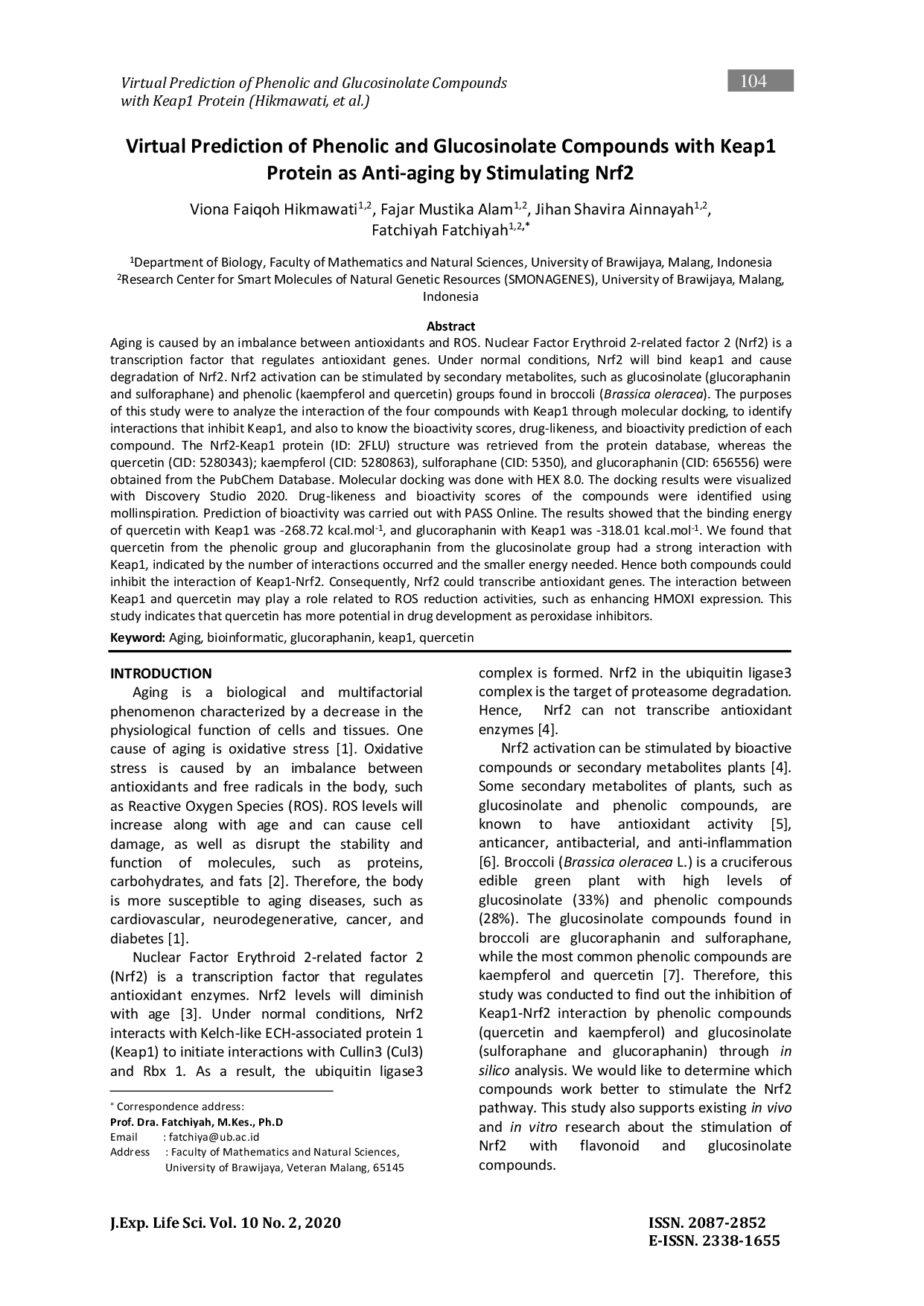 JURIS Virtual Prediction of The Effect Phenolic And Glucosinolate Compounds In Broccoli Brassica Oleracea On Anti aging As Stimulant Nrf 2