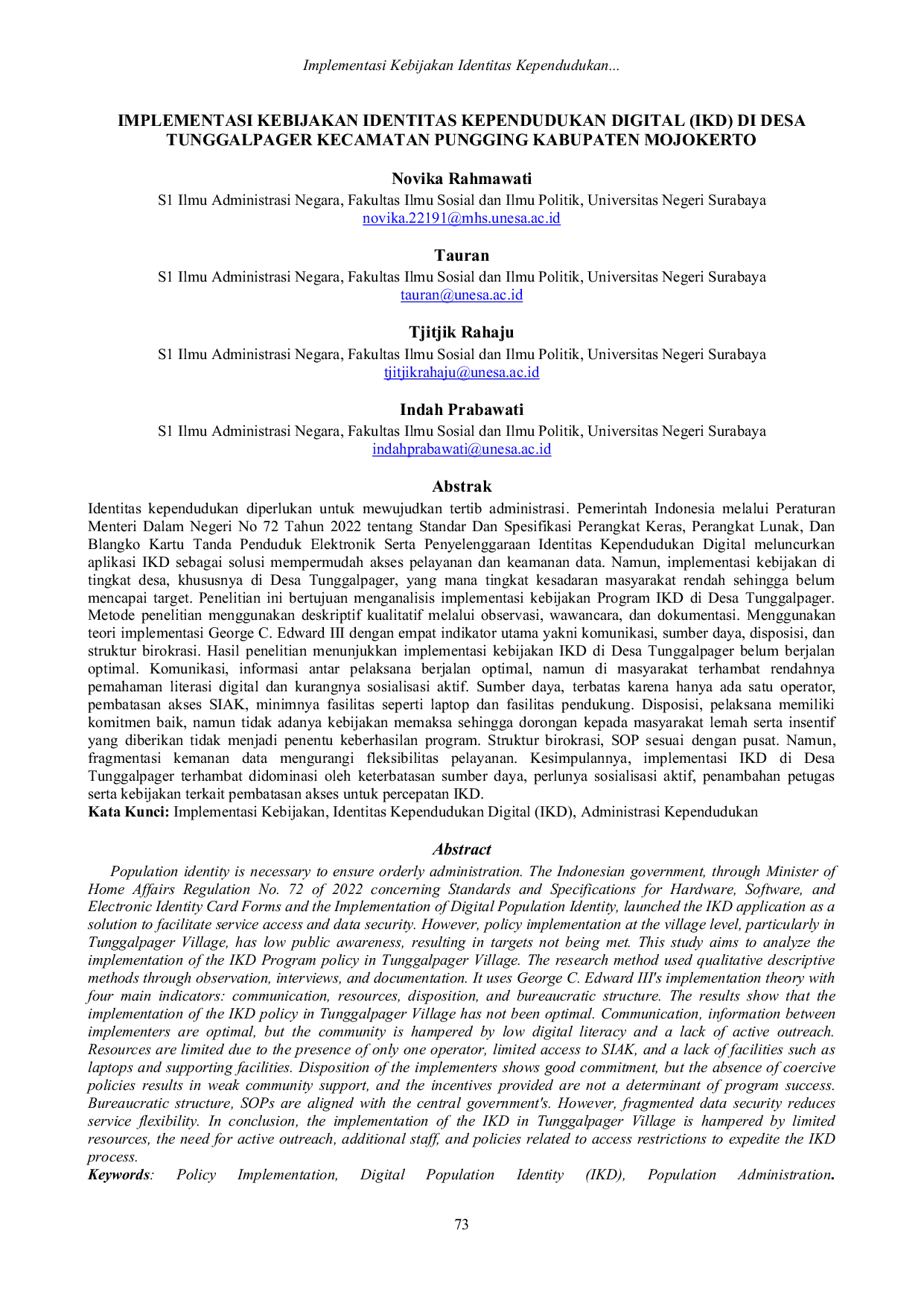 JURIS Implementasi Kebijakan Identitas Kependudukan Digital IKD di Desa Tunggalpager Kecamatan Pungging Kabupaten Mojokerto