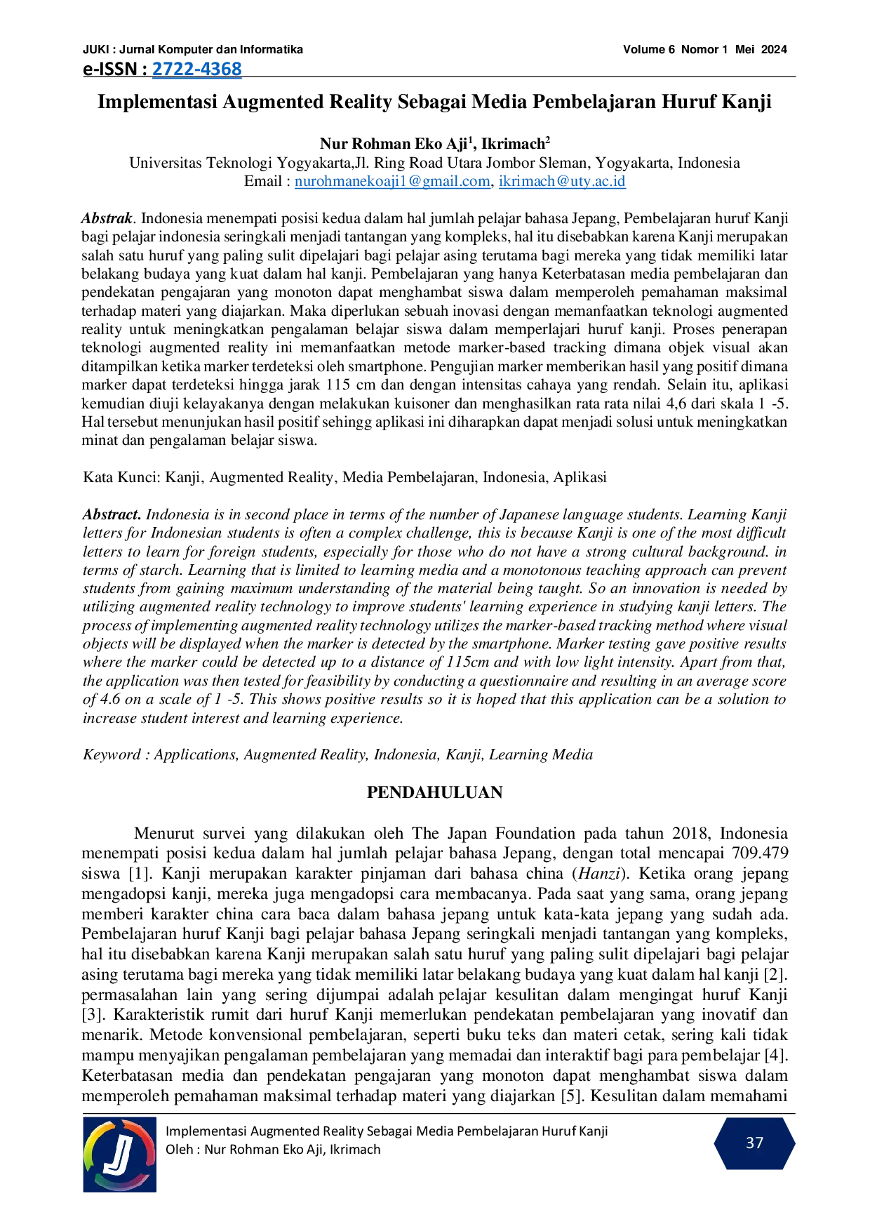 JURIS Implementation of Augmented Reality as a Media for Learning Kanji Letters