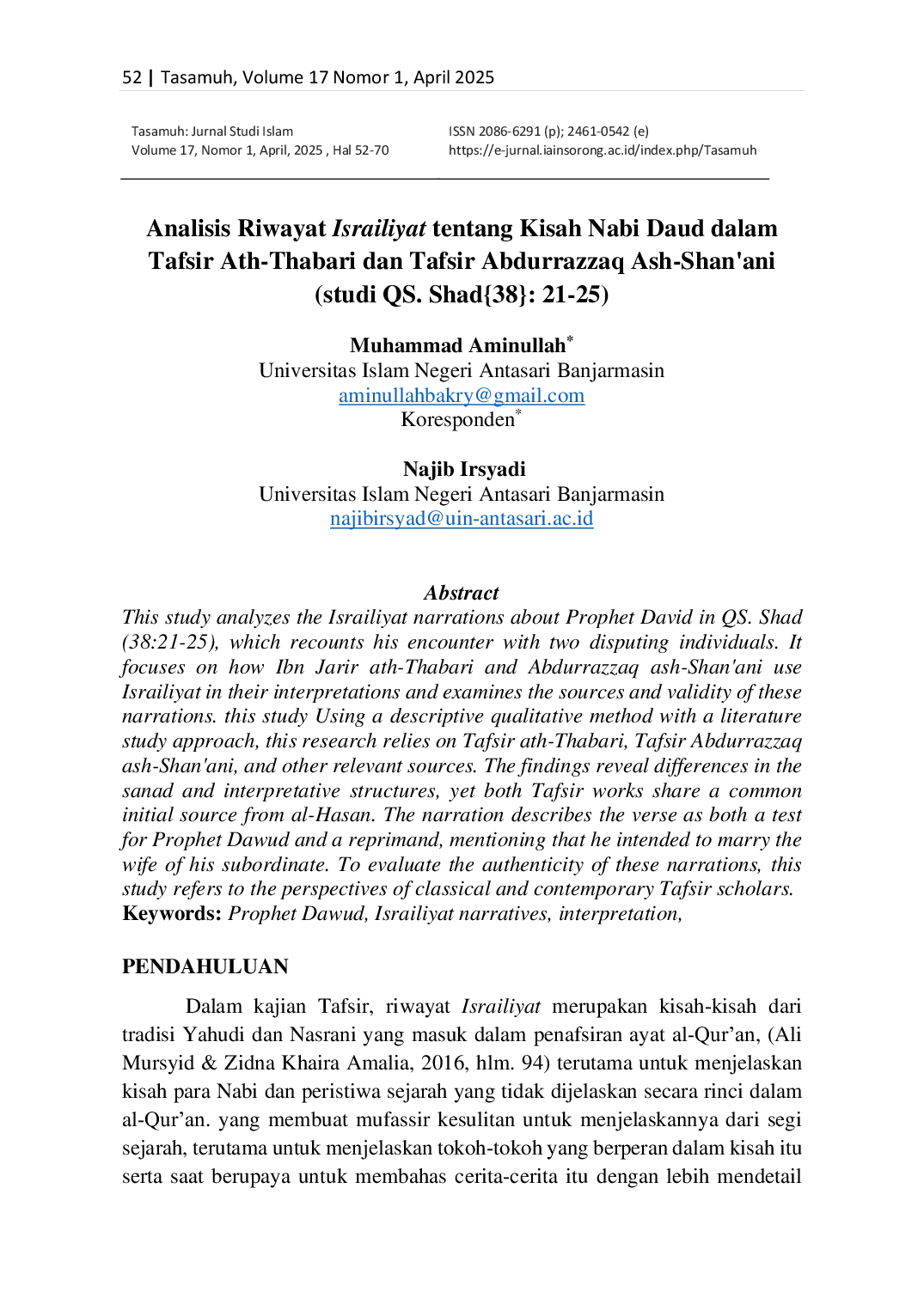JURIS Analisis Riwayat Israiliyat tentang Kisah Nabi Daud dalam Tafsir Ath Thabari dan Tafsir Abdurrazzaq Ash Shan ani Studi QS Shad 38 21 25