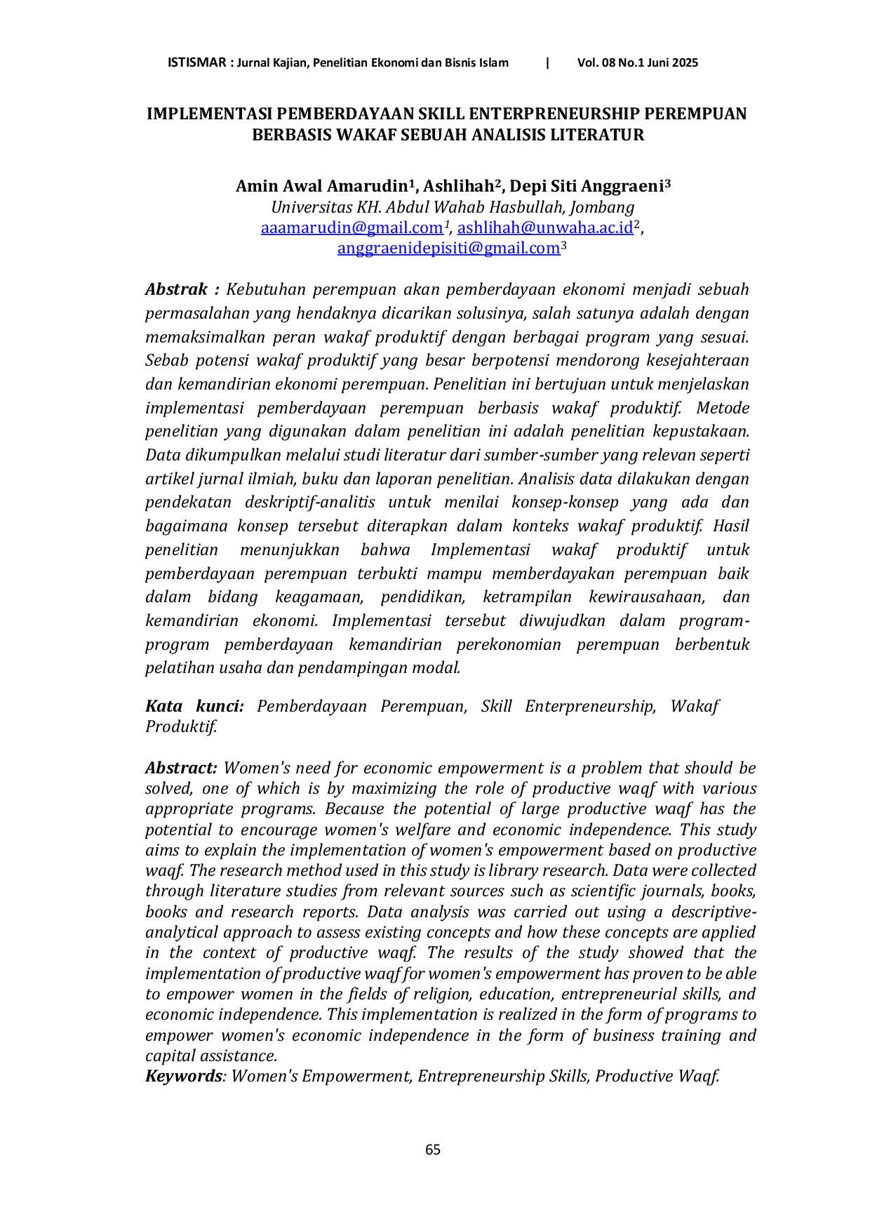 JURIS Implementasi Pemberdayaan Skill Entrepreneurship Perempuan Berbasis Wakaf Sebuah Analisis Literatur
