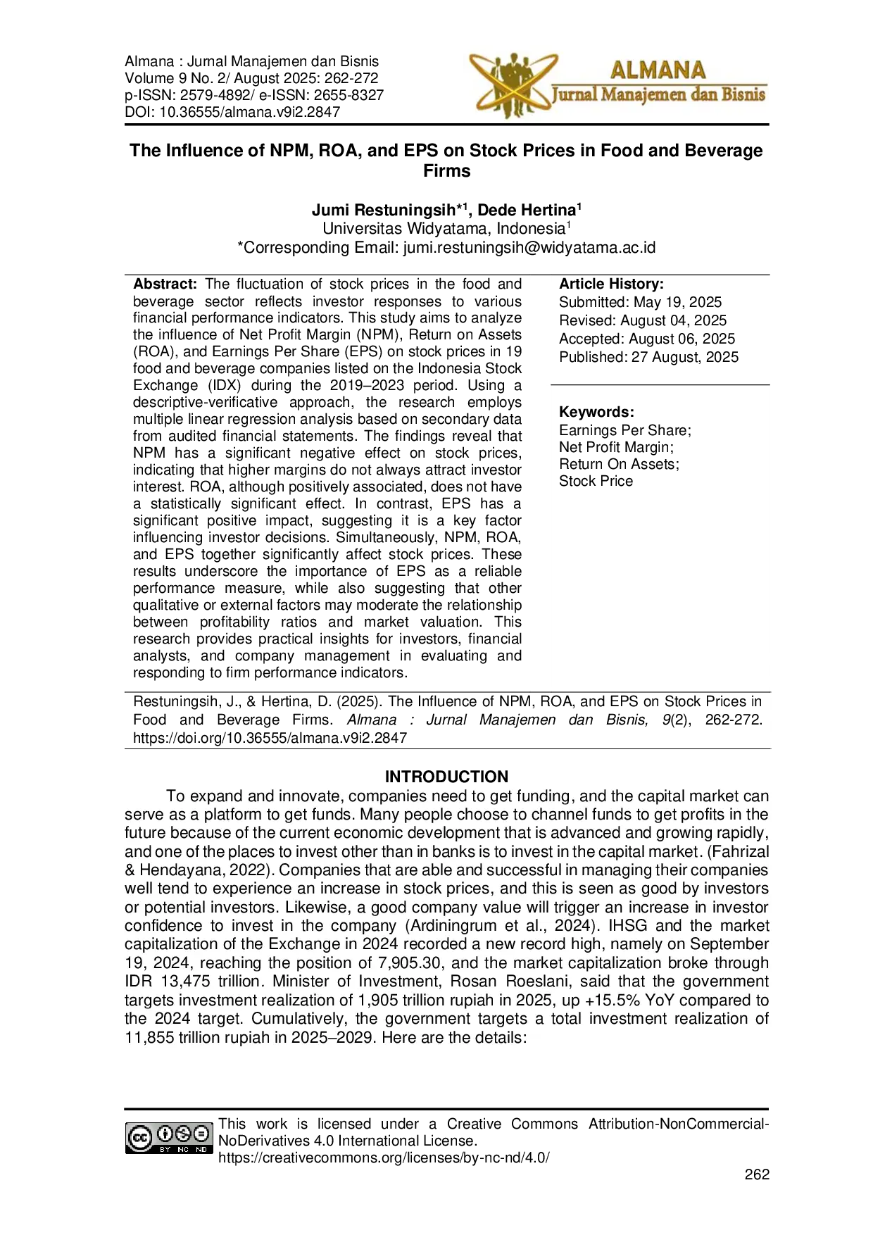 JURIS The Influence of NPM ROA and EPS on Stock Prices in Food and Beverage Firms