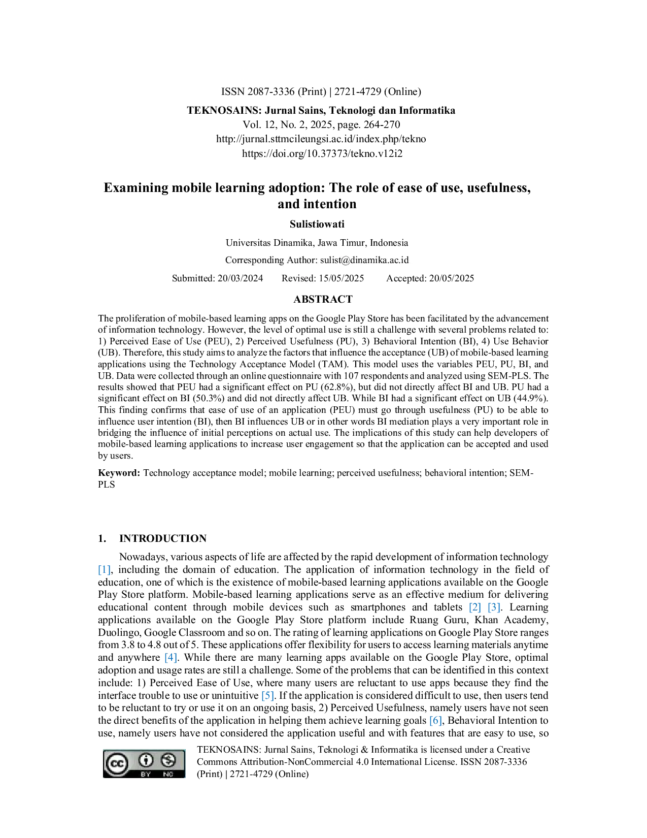 JURIS Examining mobile learning adoption The role of ease of use usefulness and intention