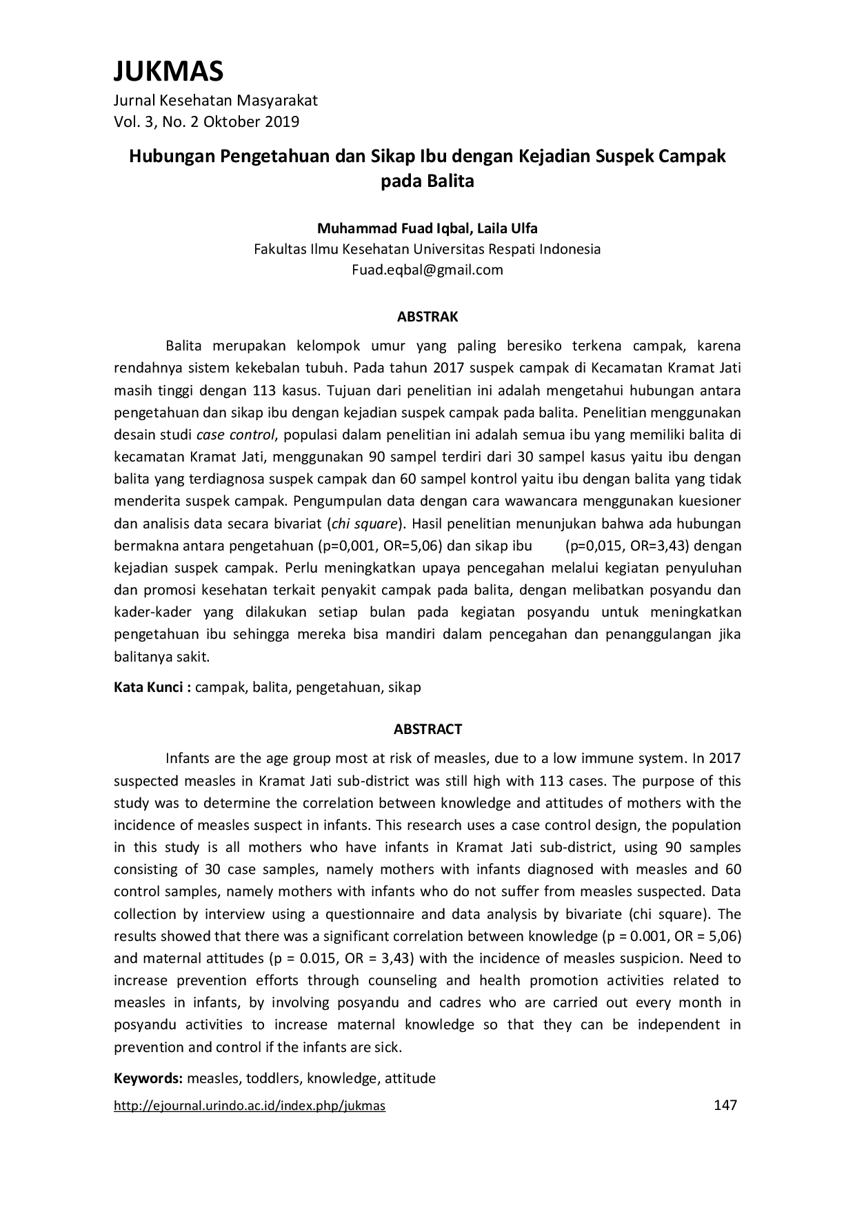 JURIS Hubungan Pengetahuan dan Sikap Ibu dengan Kejadian Suspek Campak pada Balita