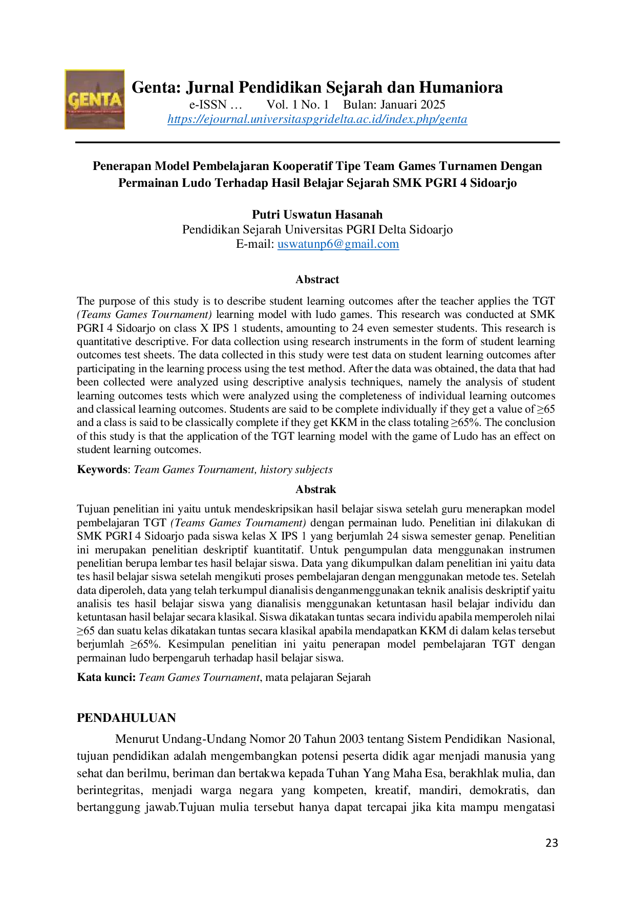 JURIS Penerapan Model Pembelajaran Kooperatif Tipe Team Games Turnamen Dengan Permainan Ludo Terhadap Hasil Belajar Sejarah SMK PGRI 4 Sidoarjo