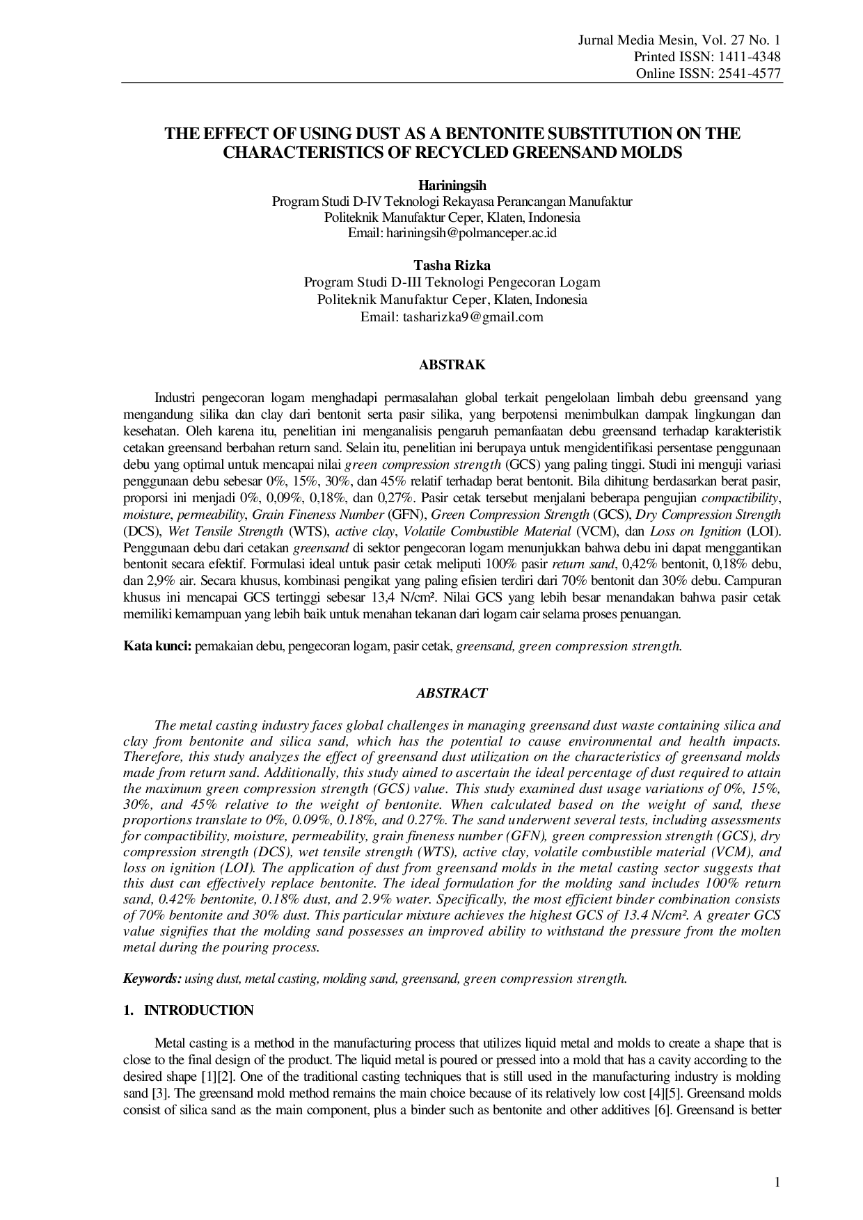 JURIS Pengaruh Pemanfaatan Debu Sebagai Substitusi Bentonit Terhadap Karakteristik Cetakan Greensand Berbahan Return Sand