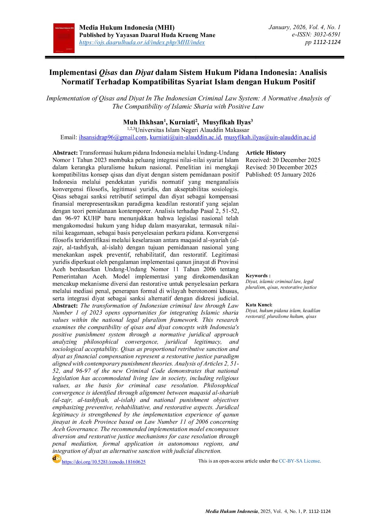 JURIS Implementasi Qisas dan Diyat dalam Sistem Hukum Pidana Indonesia Analisis Normatif Terhadap Kompatibilitas Syariat Islam dengan Hukum Positif
