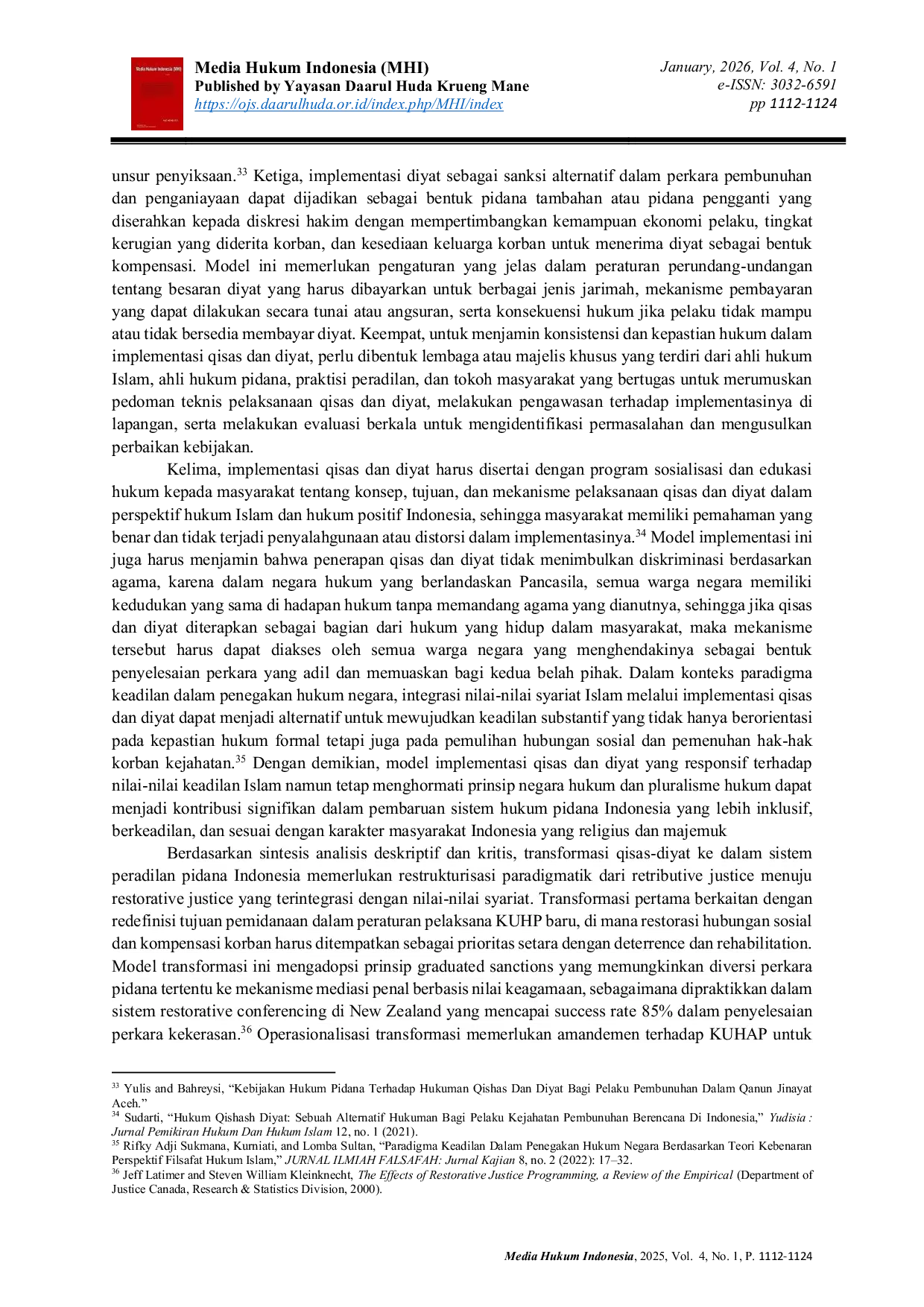 JURIS Implementasi Qisas dan Diyat dalam Sistem Hukum Pidana Indonesia Analisis Normatif Terhadap Kompatibilitas Syariat Islam dengan Hukum Positif