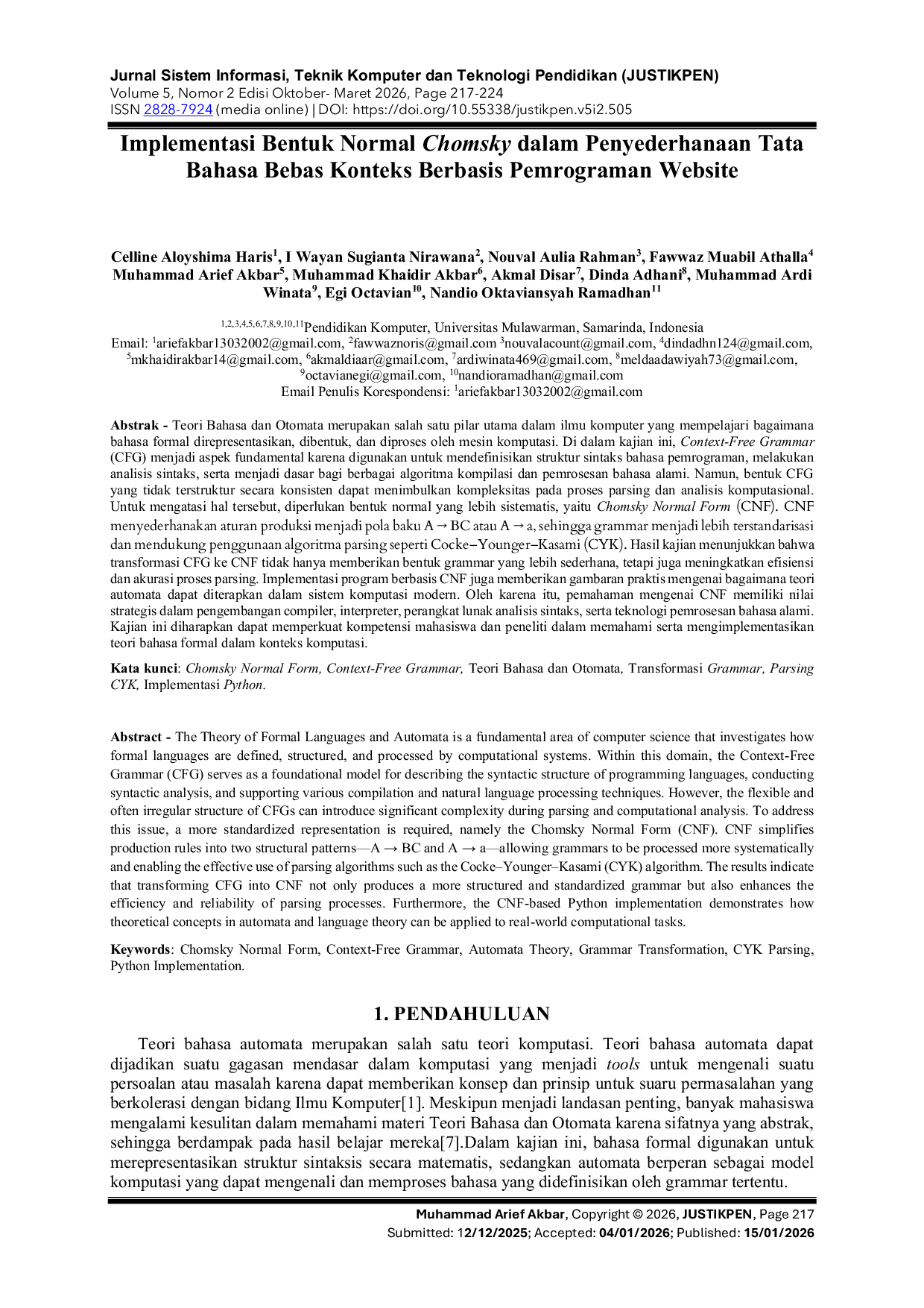 JURIS Implementasi Bentuk Normal Chomsky dalam Penyederhanaan Tata Bahasa Bebas Konteks Berbasis Pemrograman Website