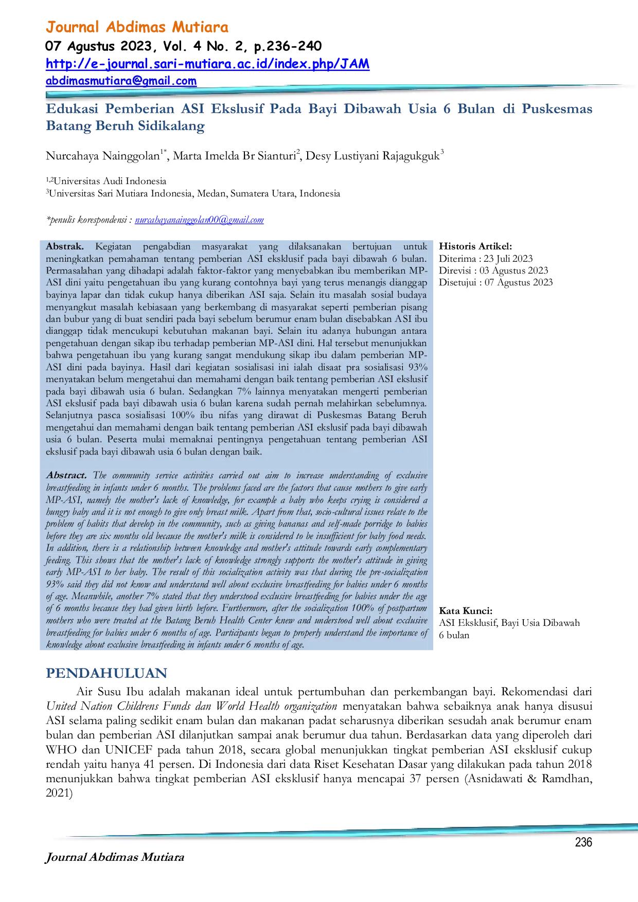 JURIS Edukasi Pemberian ASI Ekslusif Pada Bayi Dibawah Usia 6 Bulan di Puskesmas Batang Beruh Sidikalang