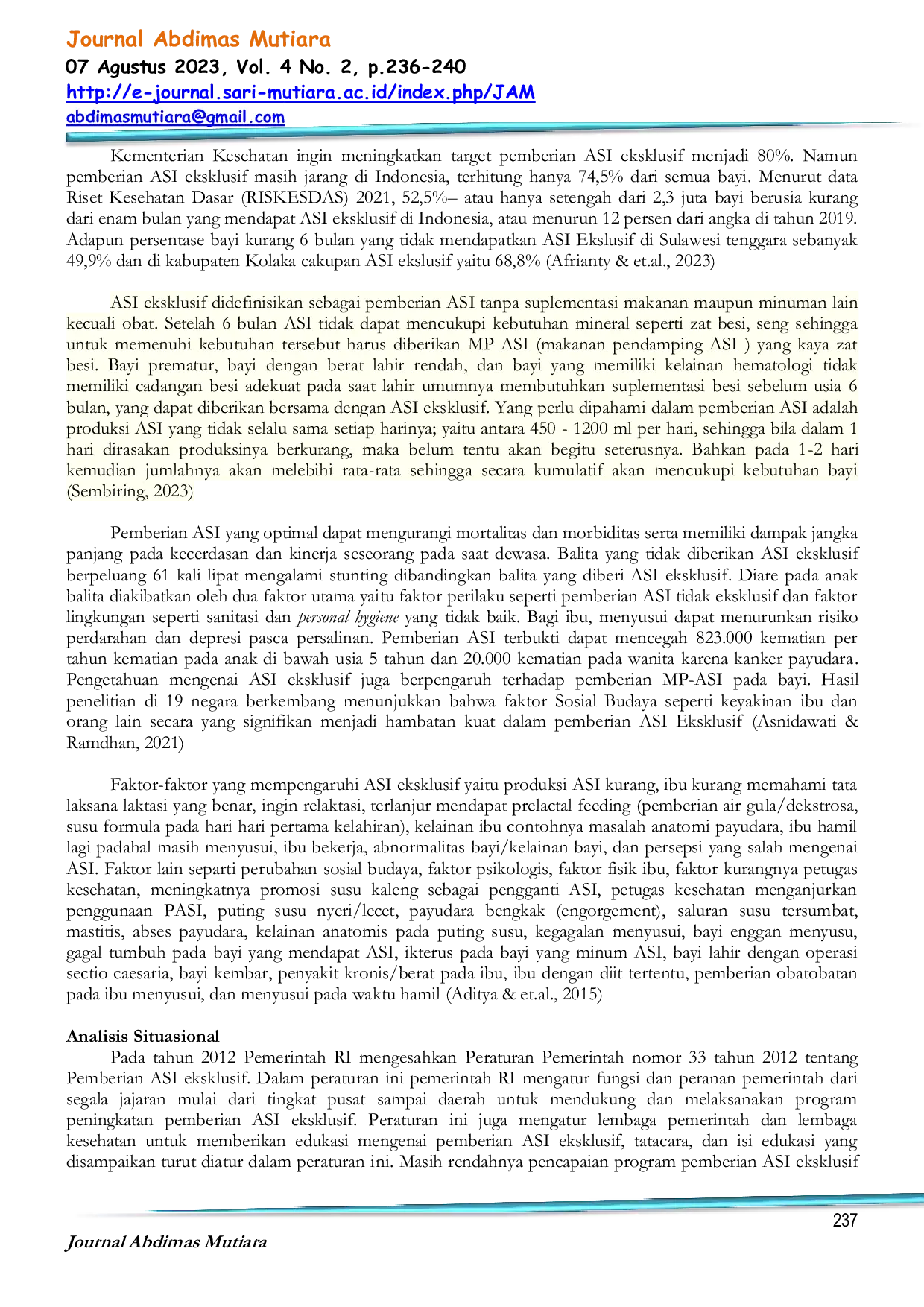 JURIS Edukasi Pemberian ASI Ekslusif Pada Bayi Dibawah Usia 6 Bulan di Puskesmas Batang Beruh Sidikalang