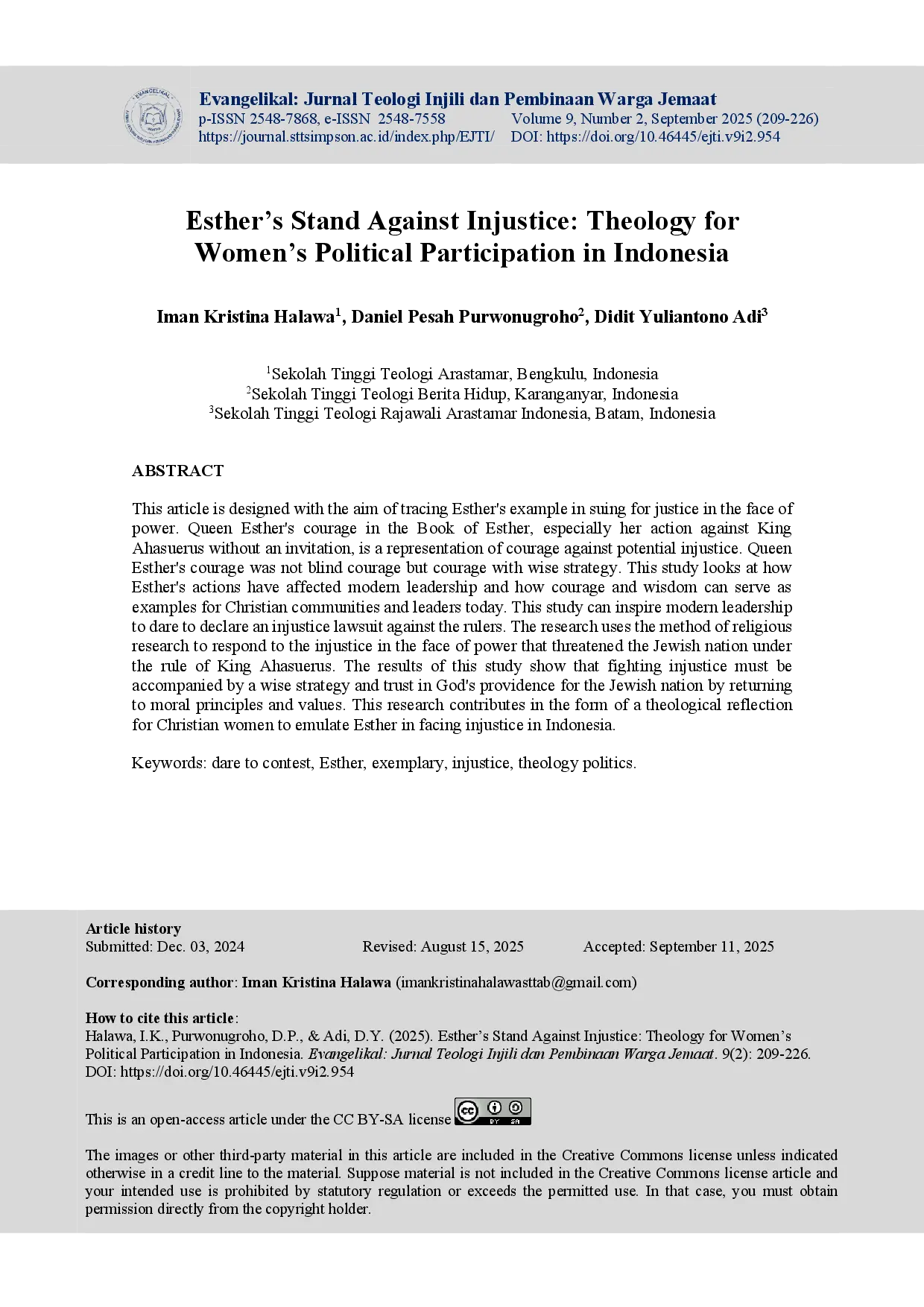 juris Esther s Stand Against Injustice Theology for Women s Political Participation in Indonesia