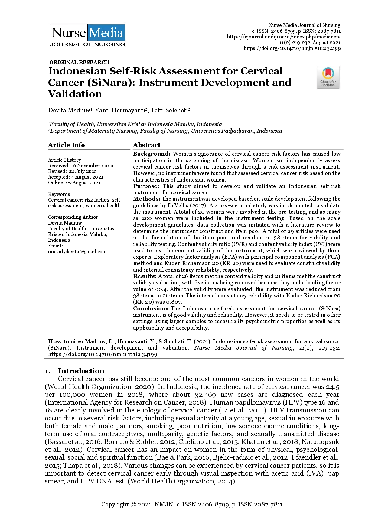 juris Indonesian Self Risk Assessment for Cervical Cancer SiNara Instrument Development and Validation