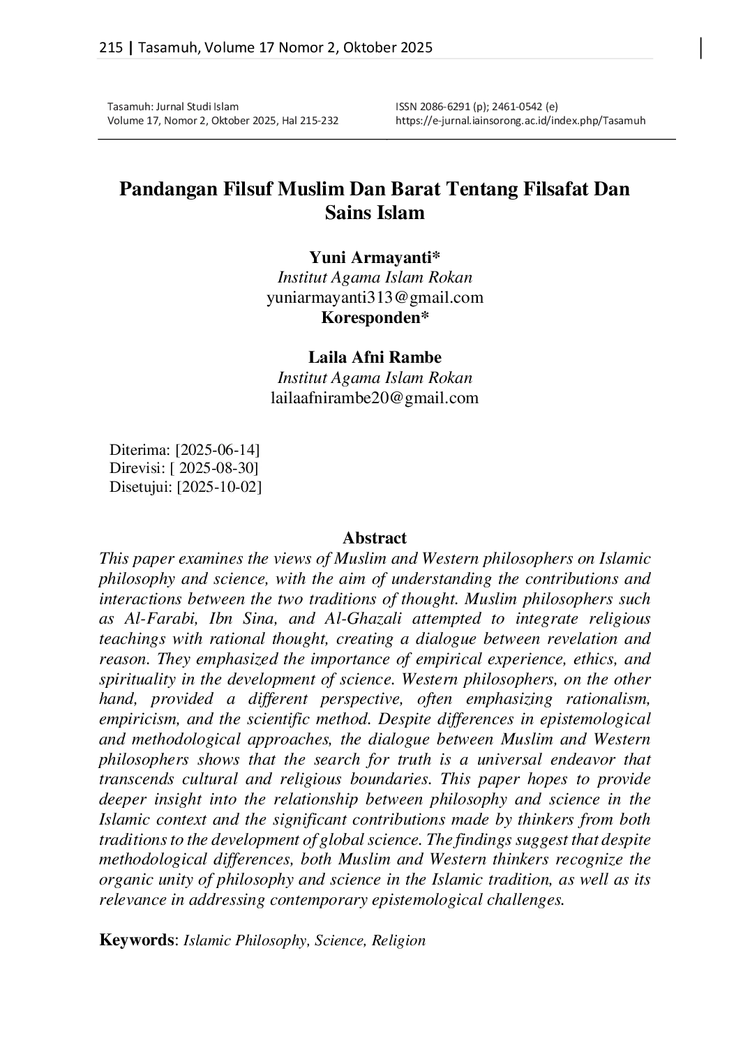 JURIS Pandangan Filsuf Muslim Dan Barat Tentang Filsafat Dan Sains Islam