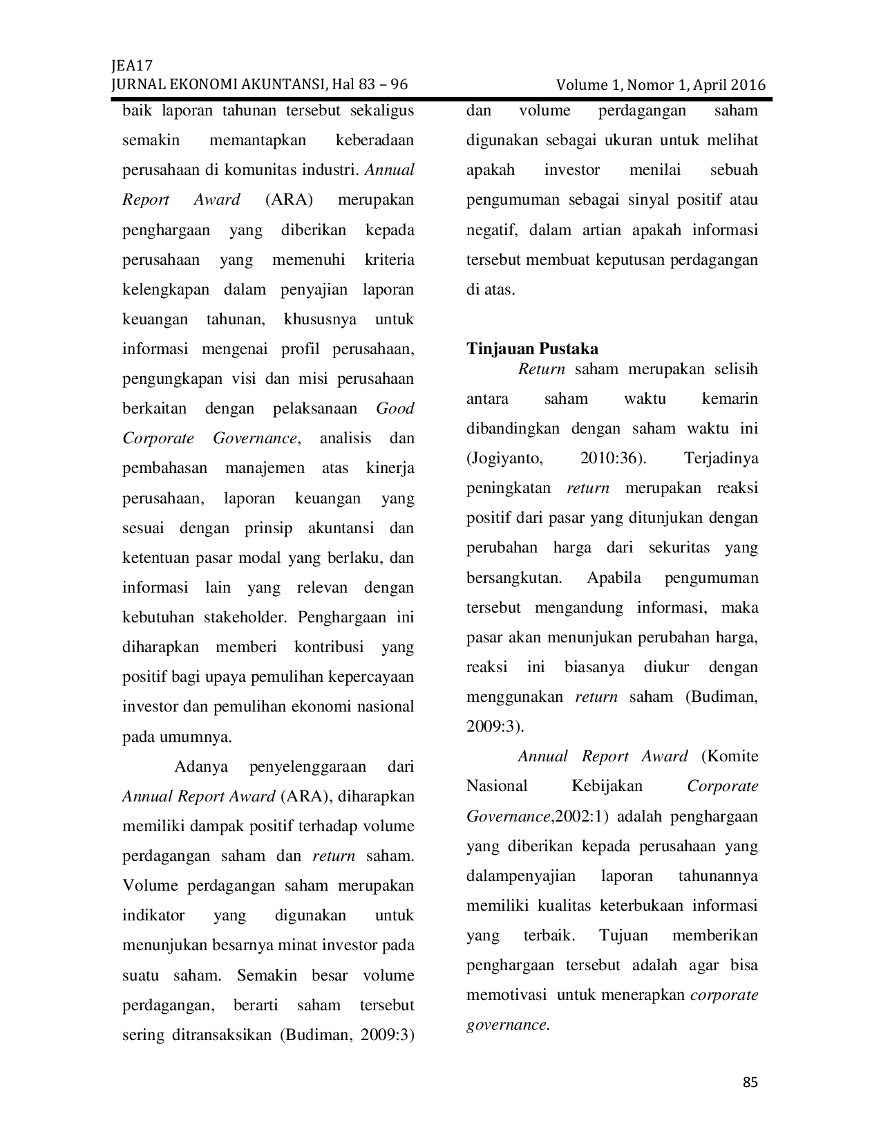 JURIS Analisis Pengaruh Volume Perdagangan Saham Terhadap Return Saham Pada Perusahaan Peraih Penghargaan Annual Reporting Award ARA Tahun 2014