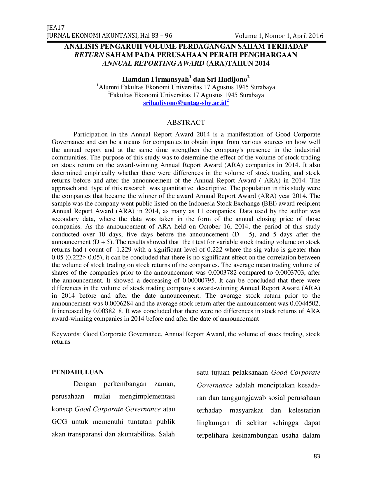 JURIS Analisis Pengaruh Volume Perdagangan Saham Terhadap Return Saham Pada Perusahaan Peraih Penghargaan Annual Reporting Award ARA Tahun 2014