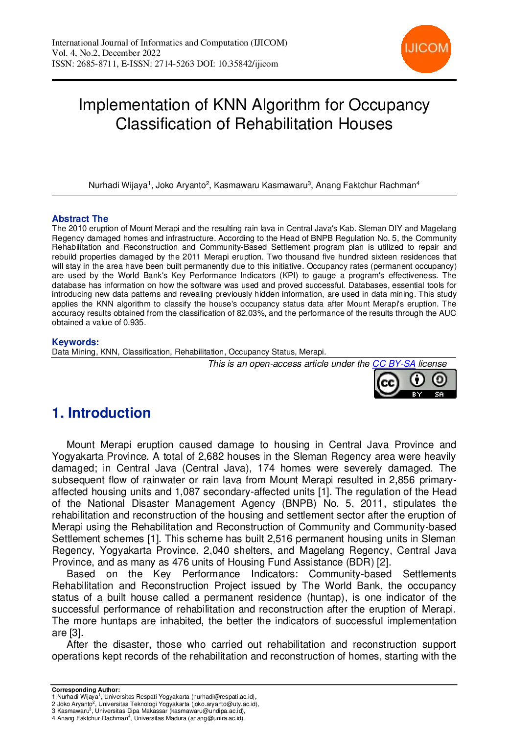 JURIS Implementation of KNN Algorithm for Occupancy Classification of Rehabilitation Houses